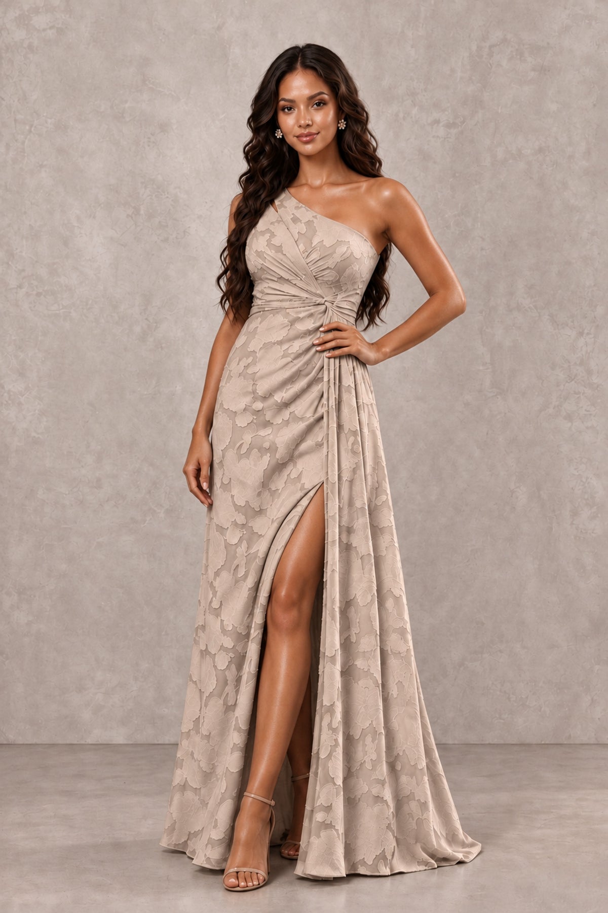 BOLODOO Taupe One-Shoulder Floral Textured Maxi Dress with High Slit - Taupe - Taupe_4
