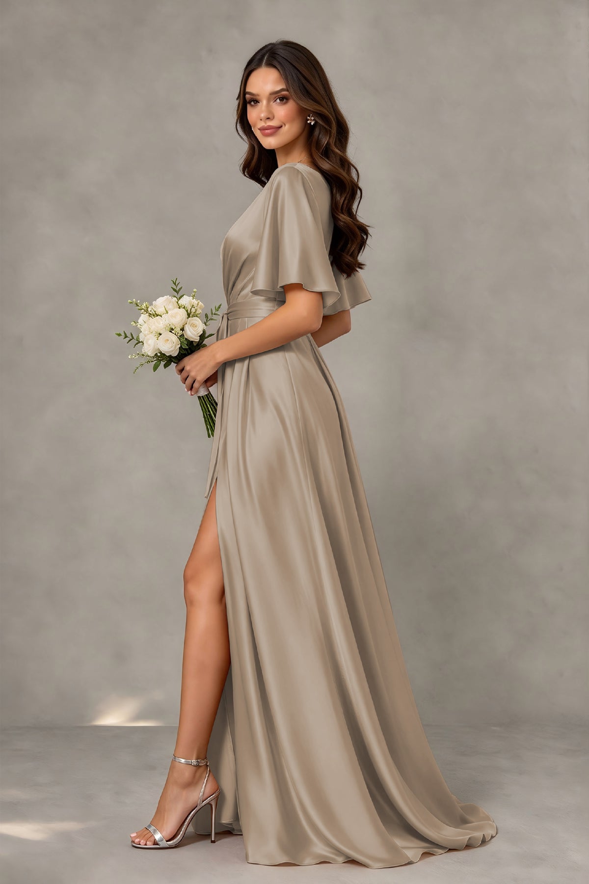 BOLODOO Taupe Satin V-Neck Flutter Sleeve Bridesmaid Dress with Slit - Taupe - Taupe(4)