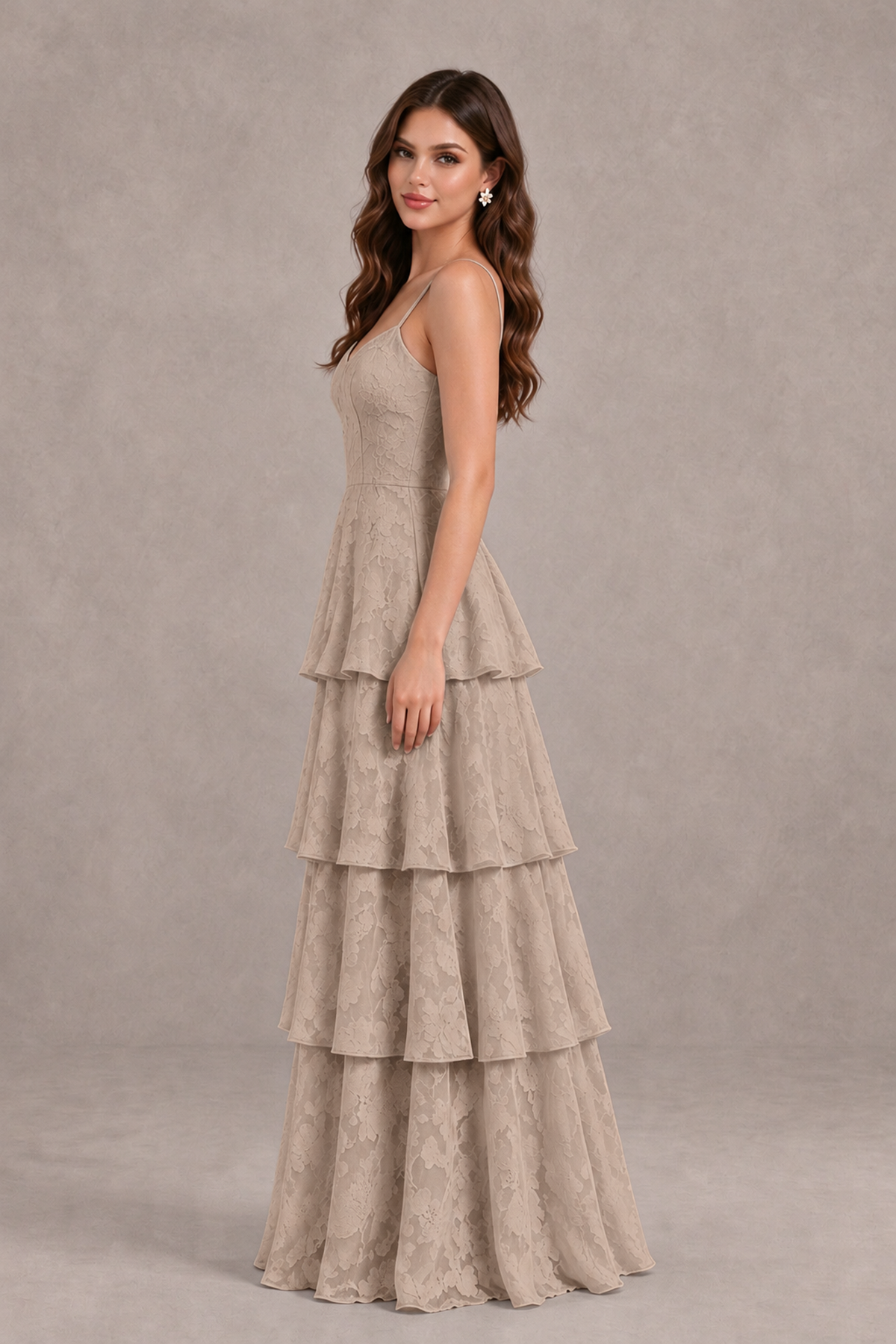 BOLODOO Taupe Tiered Floral-Textured Spaghetti Strap Maxi Dress - Taupe - Taupe_4