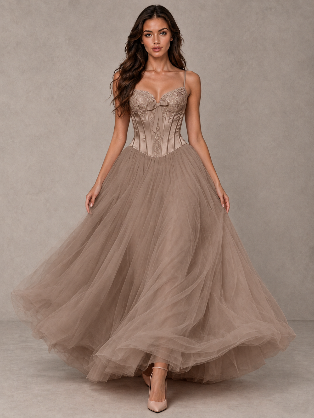 BOLODOO Taupe Corset Tulle Prom Dress with Spaghetti Straps - Taupe - Taupe_4