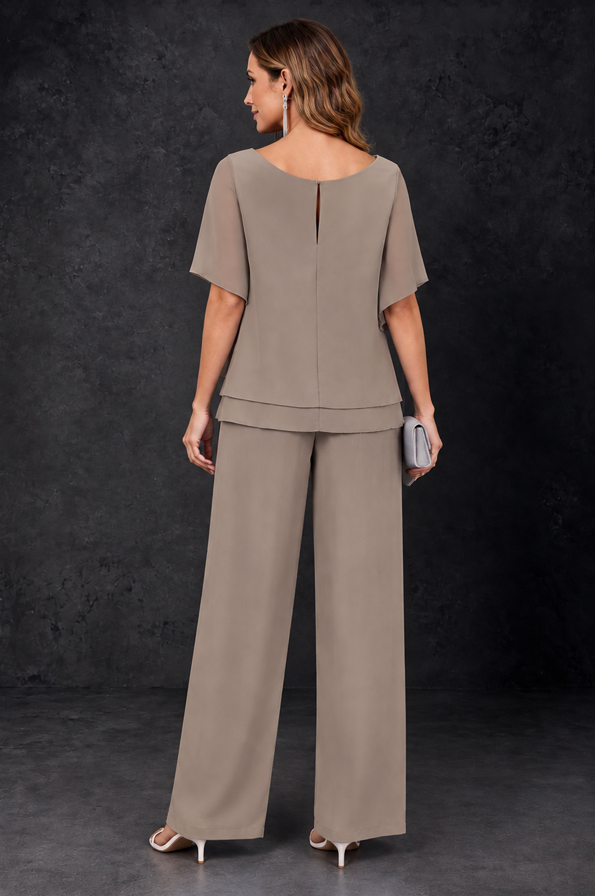 BOLODOO Taupe Layered Chiffon-Look Mother of the Bride Pantsuit - Taupe - Taupe_4