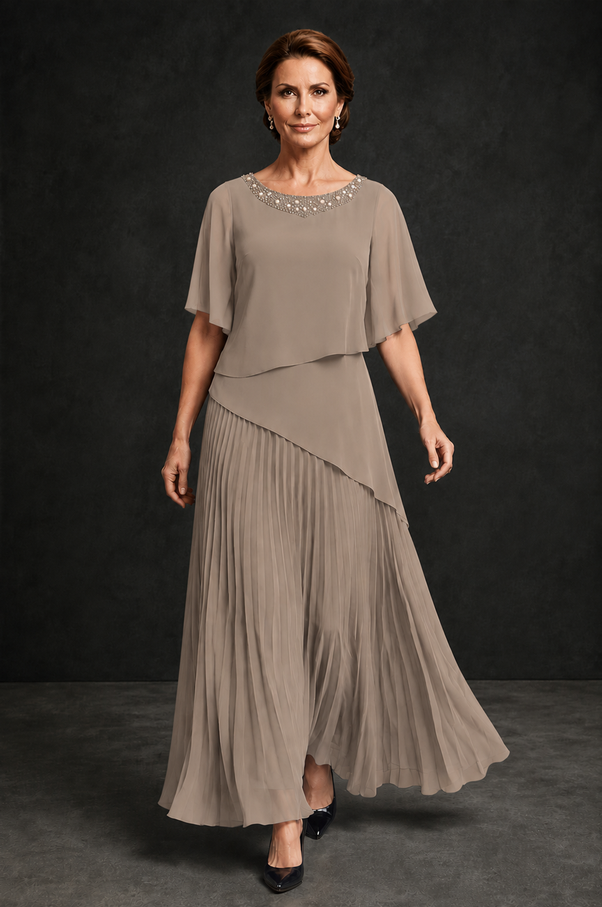 BOLODOO Taupe Pearl Beaded Neck Asymmetric Tiered Flutter Sleeve Pleated Chiffon Maxi Dress - Taupe - Taupe_4