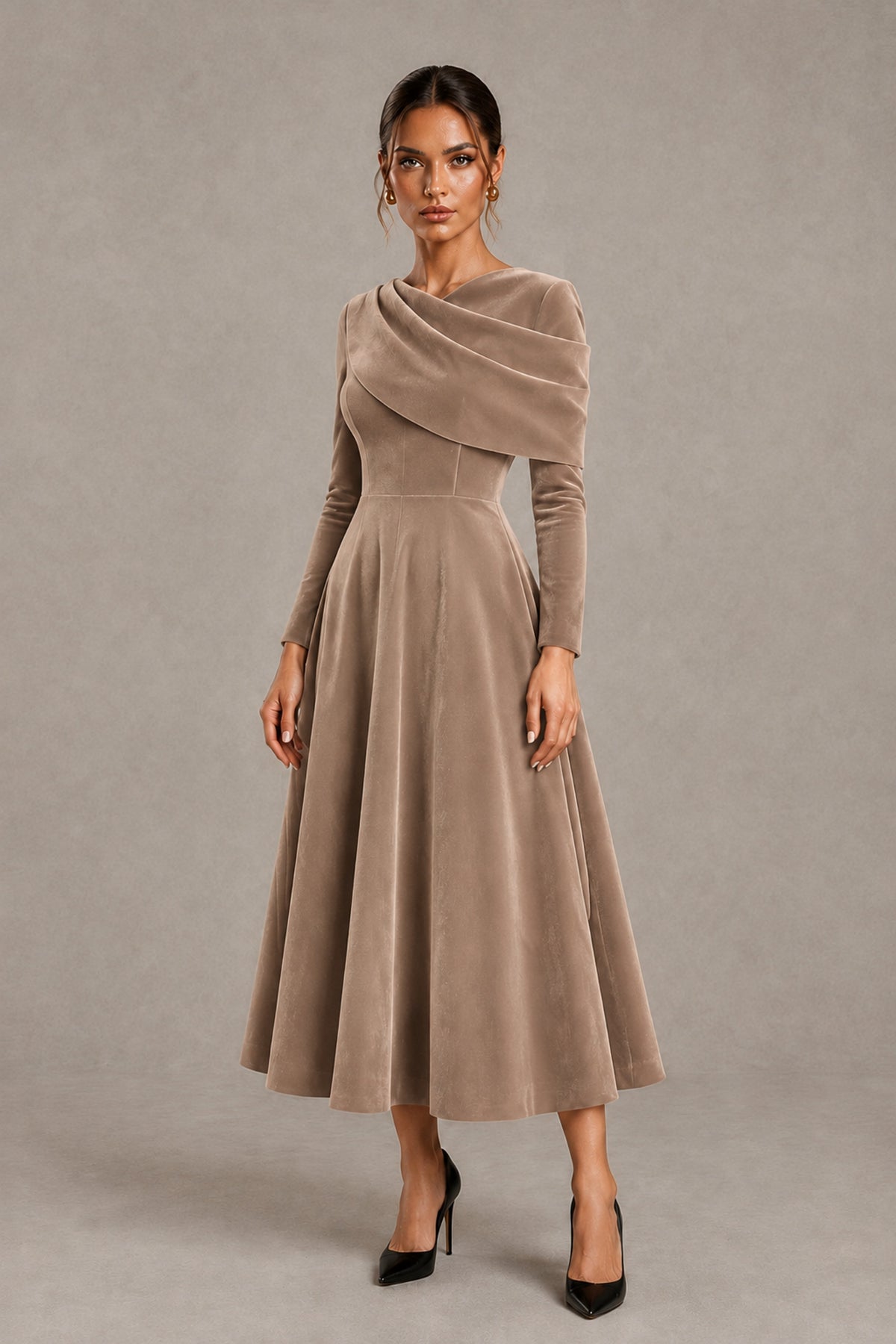 BOLODOO Taupe Velvet-Look Long Sleeve Tea-Length A-Line Dress with Draped Neckline - Taupe - Taupe_4