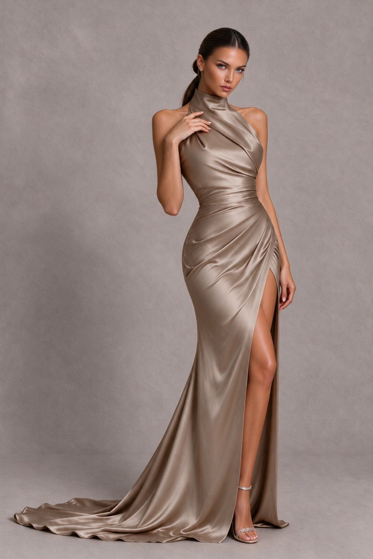 BOLODOO Taupe Halter Satin-Look Evening Gown with High Slit - Taupe - Taupe_4