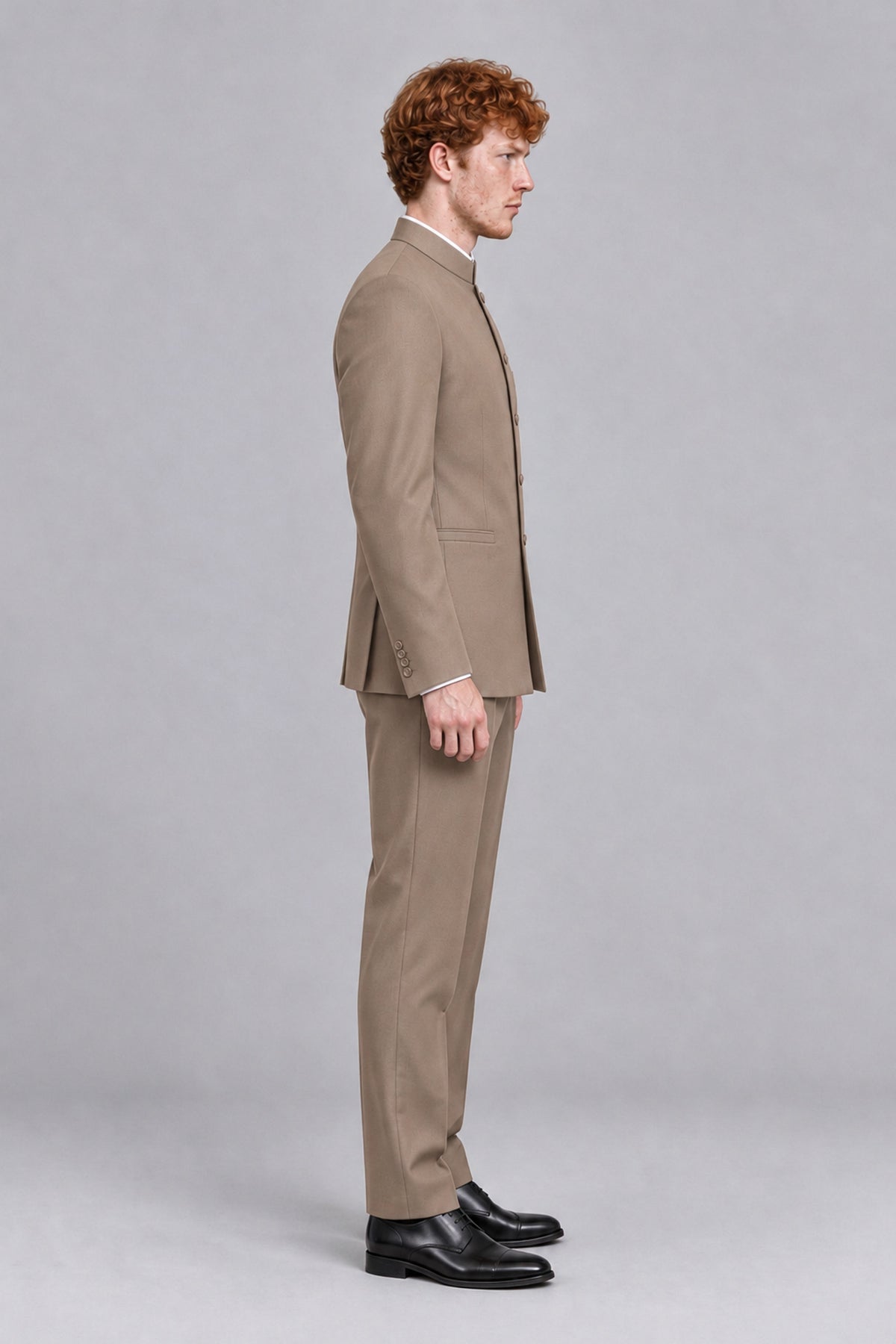 BOLODOO Men's Taupe Mandarin Collar Two-Piece Suit - Taupe - Taupe_4