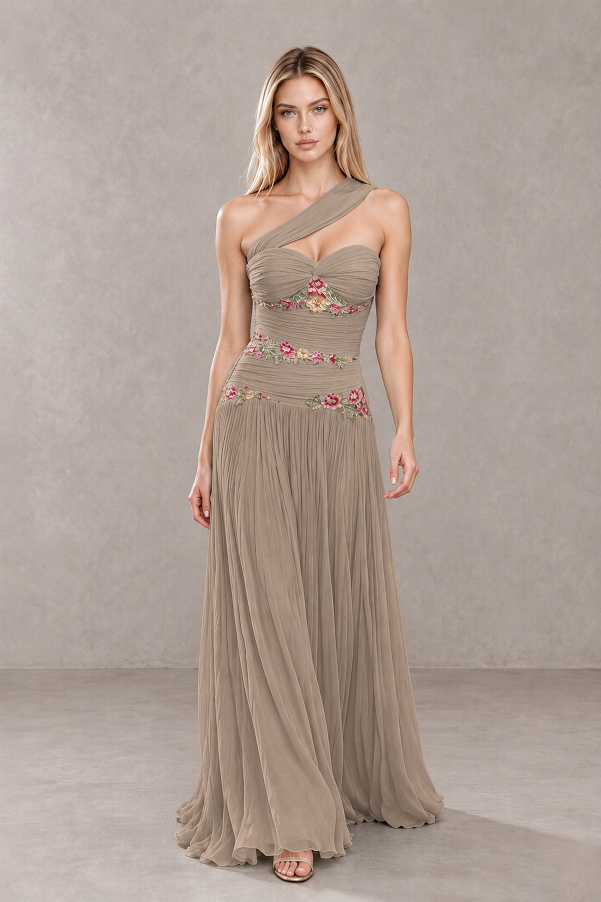 BOLODOO Taupe One-Shoulder Floral Applique A-Line Evening Dress - Taupe - Taupe_4