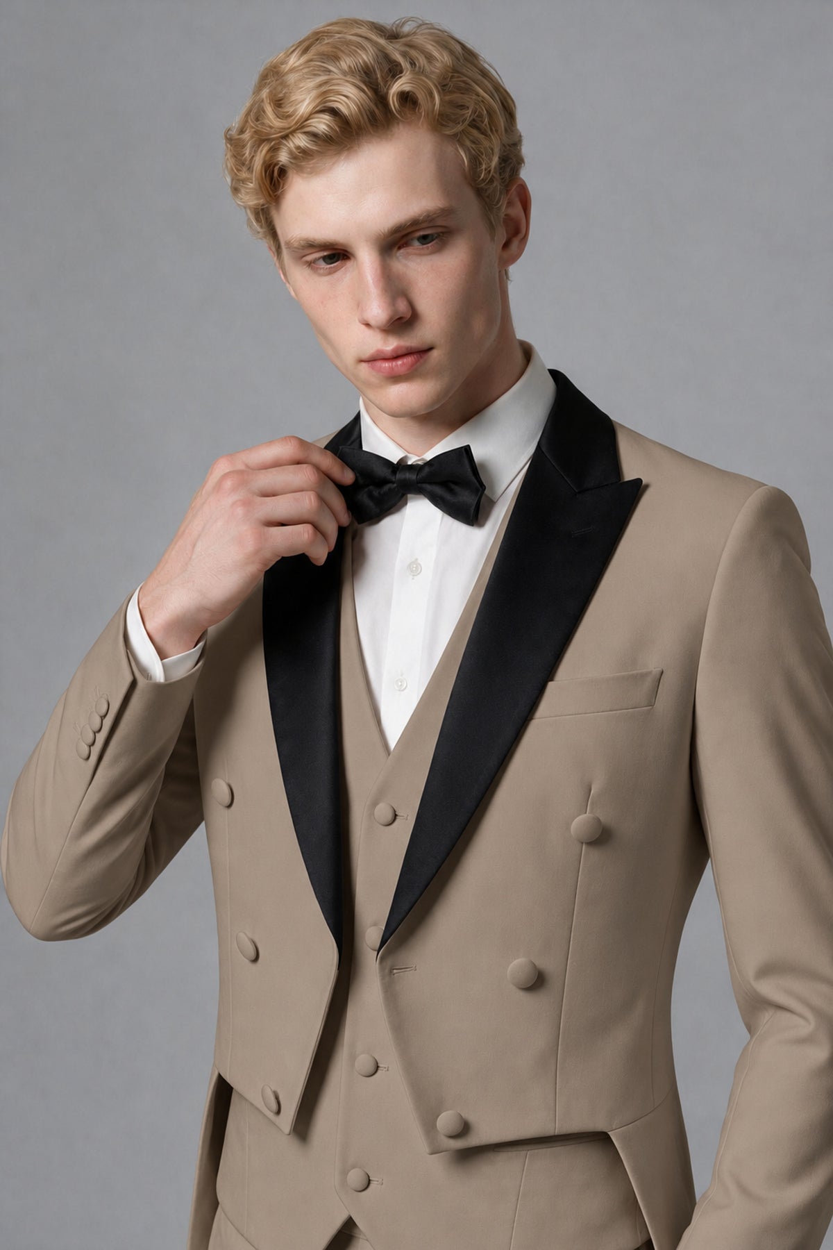 Bolodoo Men's Taupe 3-Piece Tailcoat Tuxedo Suit with Vest & Trousers - Taupe - Taupe_4