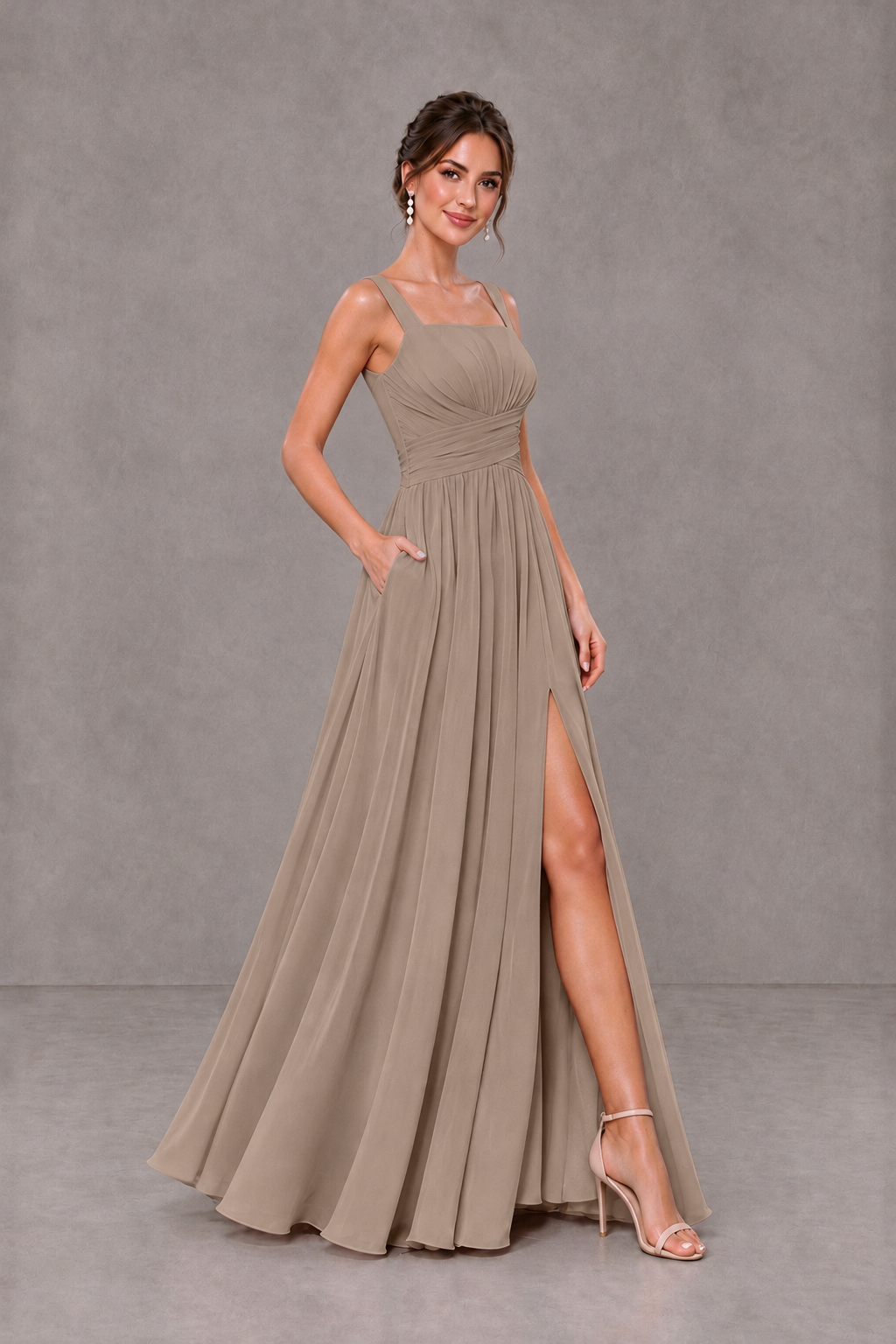 BOLODOO Taupe Square Neck A-Line Bridesmaid Dress with Slit - Taupe - Taupe_4