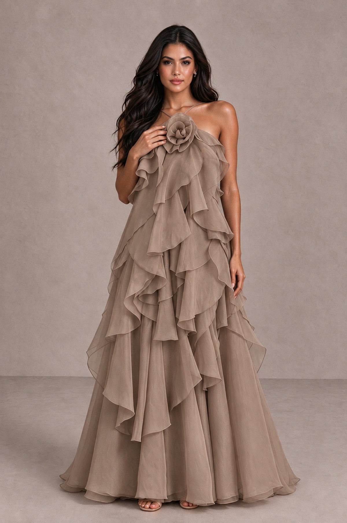 BOLODOO Taupe Cascading Ruffle Rosette Open-Back Maxi Dress - Taupe - Taupe_4