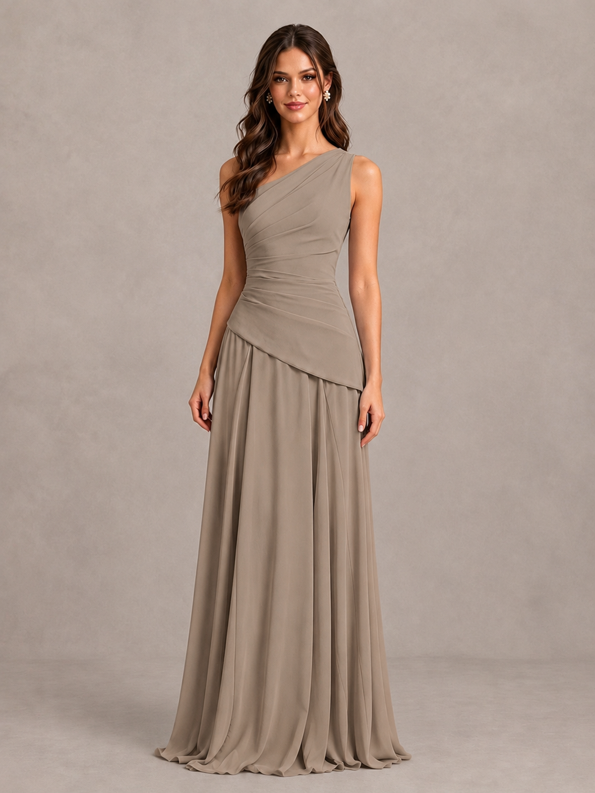 BOLODOO Taupe One-Shoulder Lace-Up Back Bridesmaid Dress - Taupe - Taupe_4