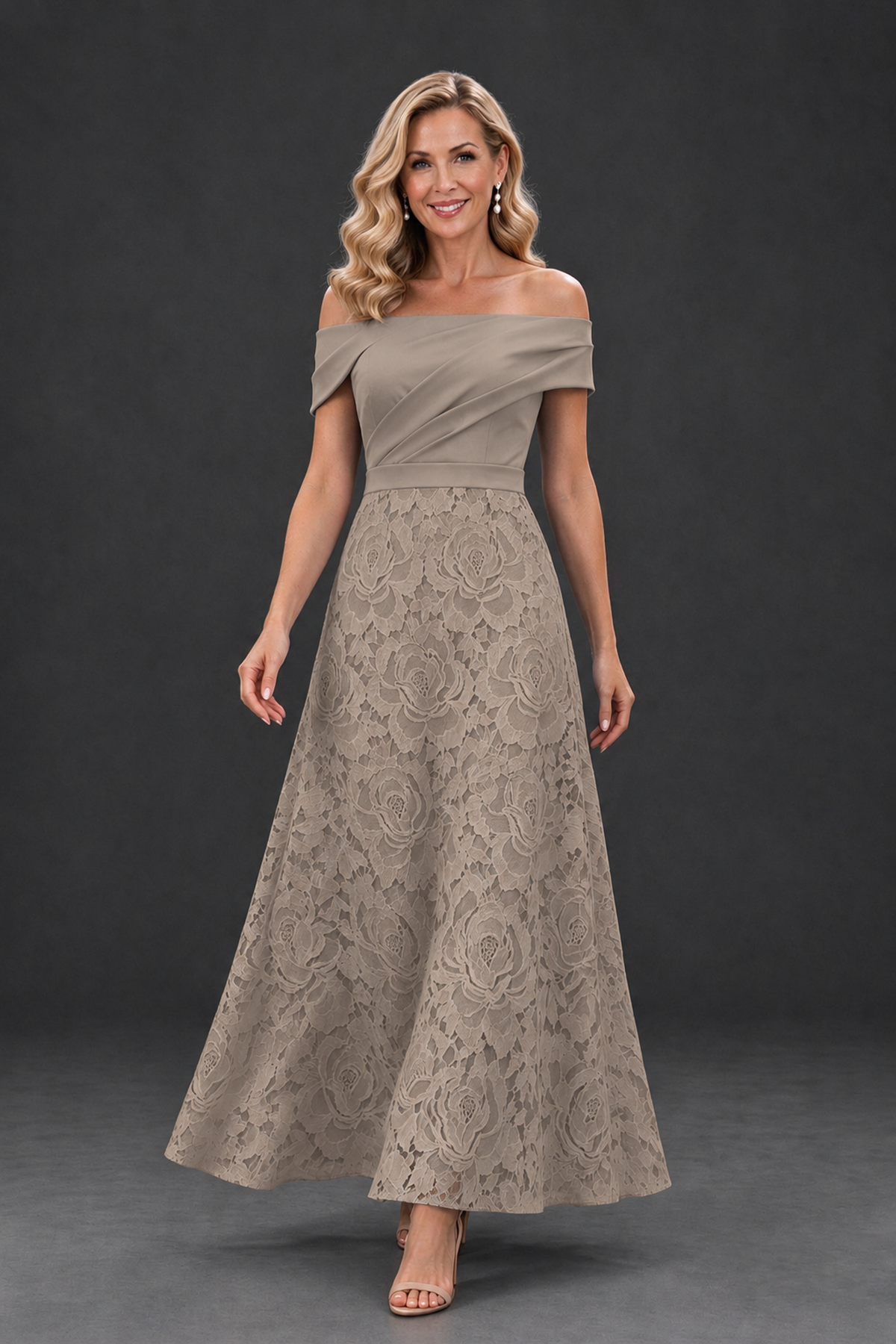 BOLODOO Taupe Off-the-Shoulder Floral A-Line Mother of the Bride Dress - Taupe - Taupe_4