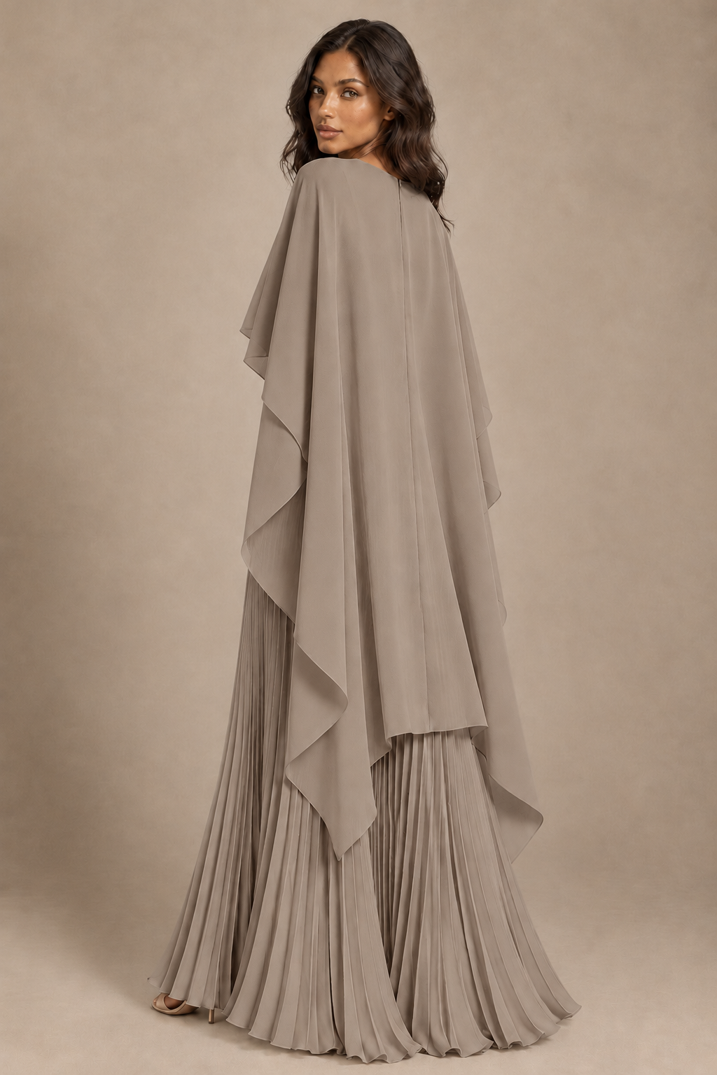 BOLODOO Taupe Pleated Cape A-Line Evening Dress - Taupe - Taupe_4