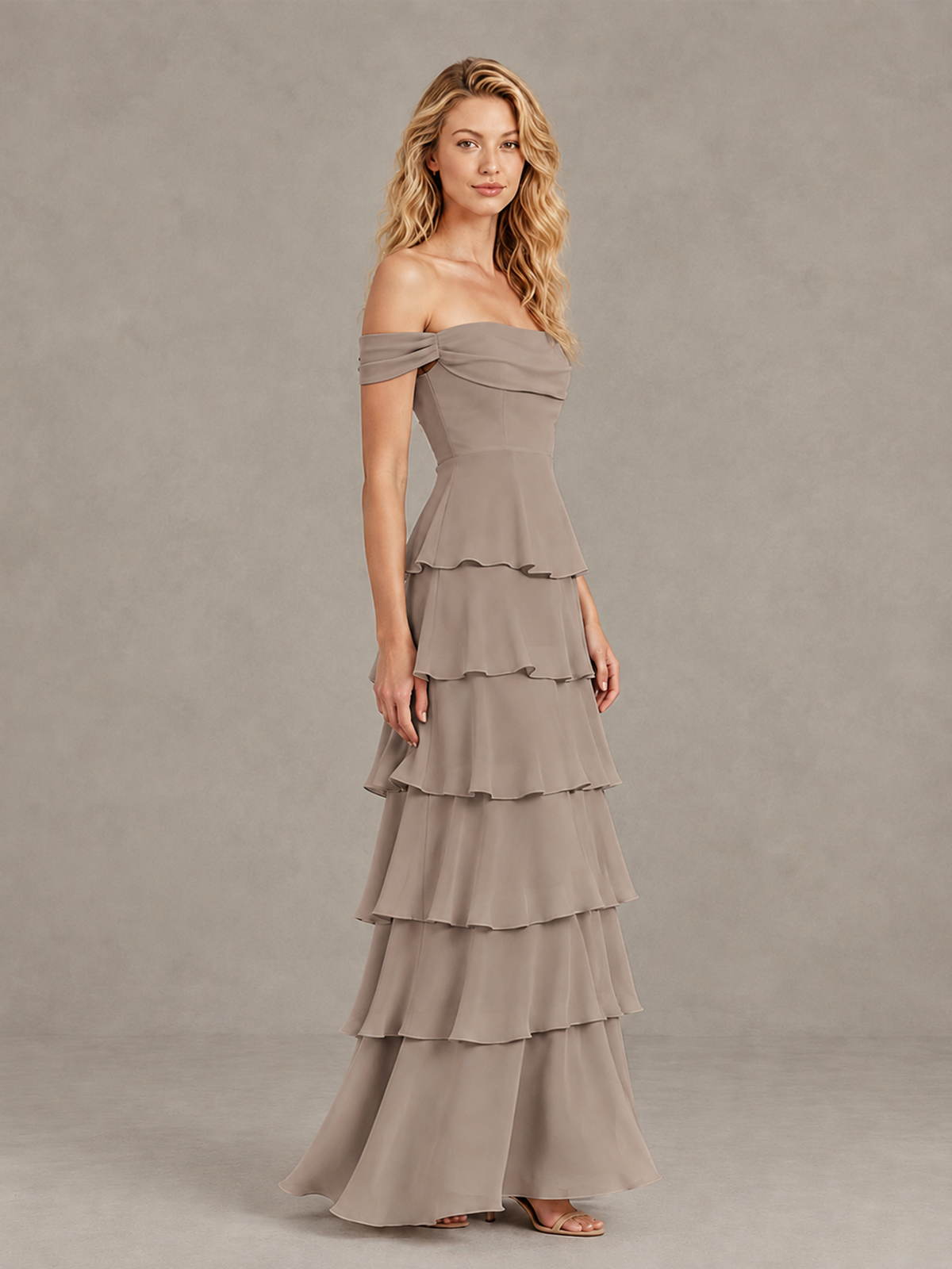 BOLODOO Taupe Off-Shoulder Tiered Ruffle Bridesmaid Dress with Lace-Up Back - Taupe - Taupe_4