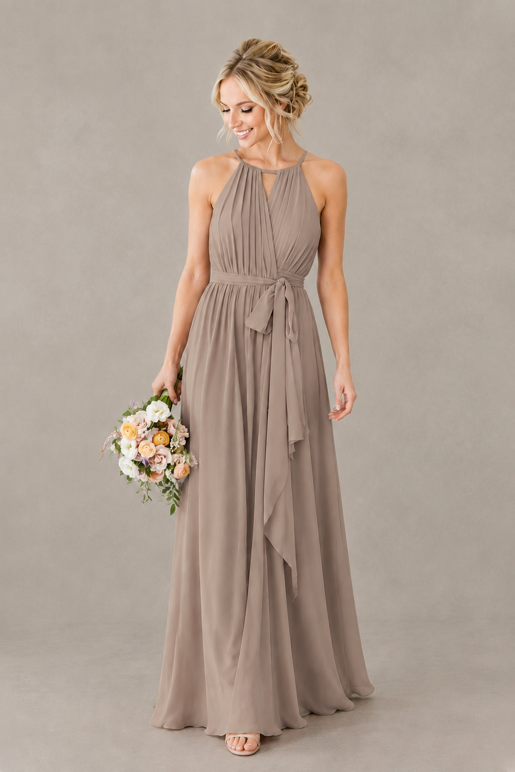 BOLODOO Taupe Halter Chiffon Bridesmaid Dress with High Slit - Taupe