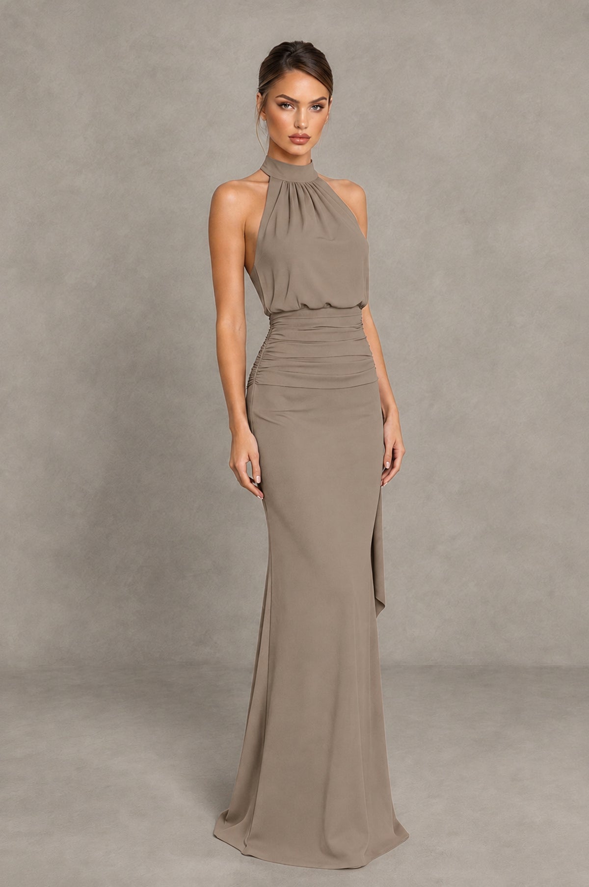 BOLODOO Taupe Chiffon Halter Maxi Formal Wedding Guest Dress - Taupe - Taupe_4