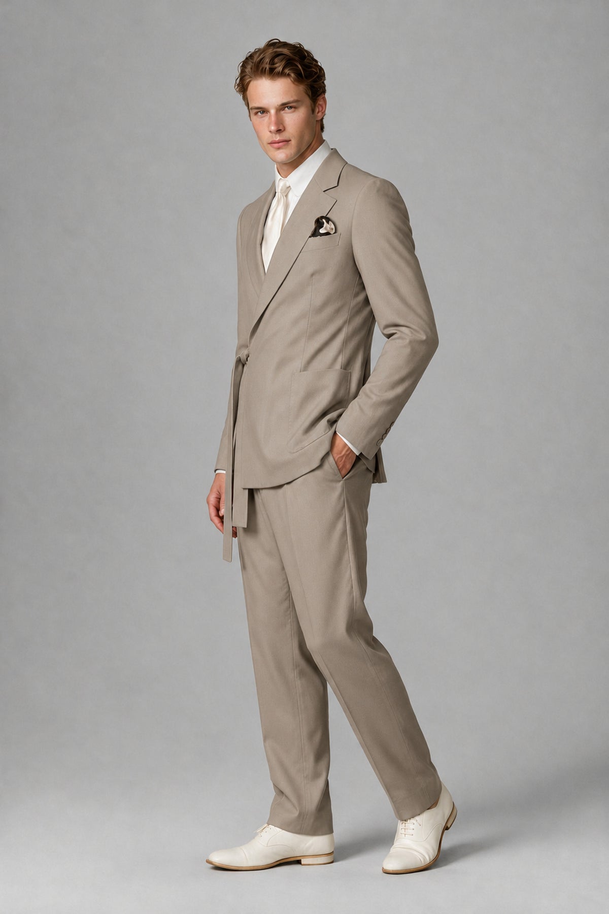 Bolodoo Men's Taupe Wrap Tie-Waist Two-Piece Suit – Jacket & Trousers - Taupe - Taupe_4