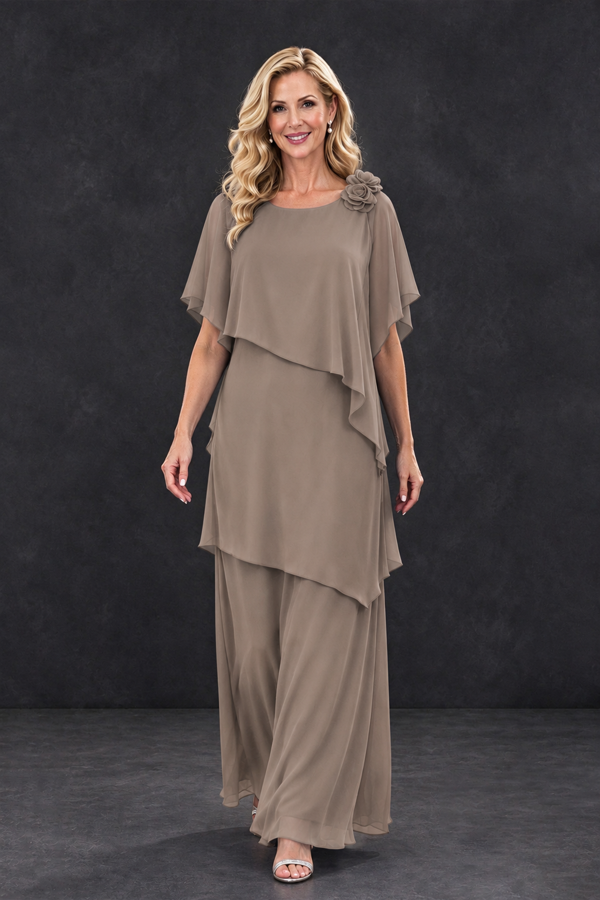 BOLODOO Taupe Tiered Flutter Sleeve Mother of the Bride Maxi Dress - Taupe - Taupe_4
