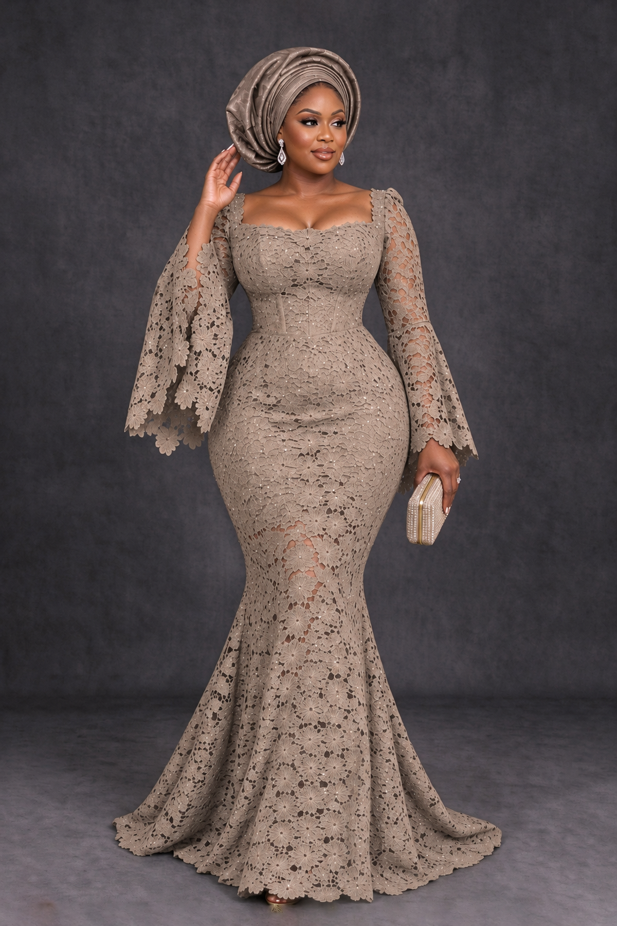 BOLODOO Taupe African Lace Mermaid Dress, Plus Size Nigerian Wedding Guest Gown with Bell Sleeves - Taupe - Taupe_4