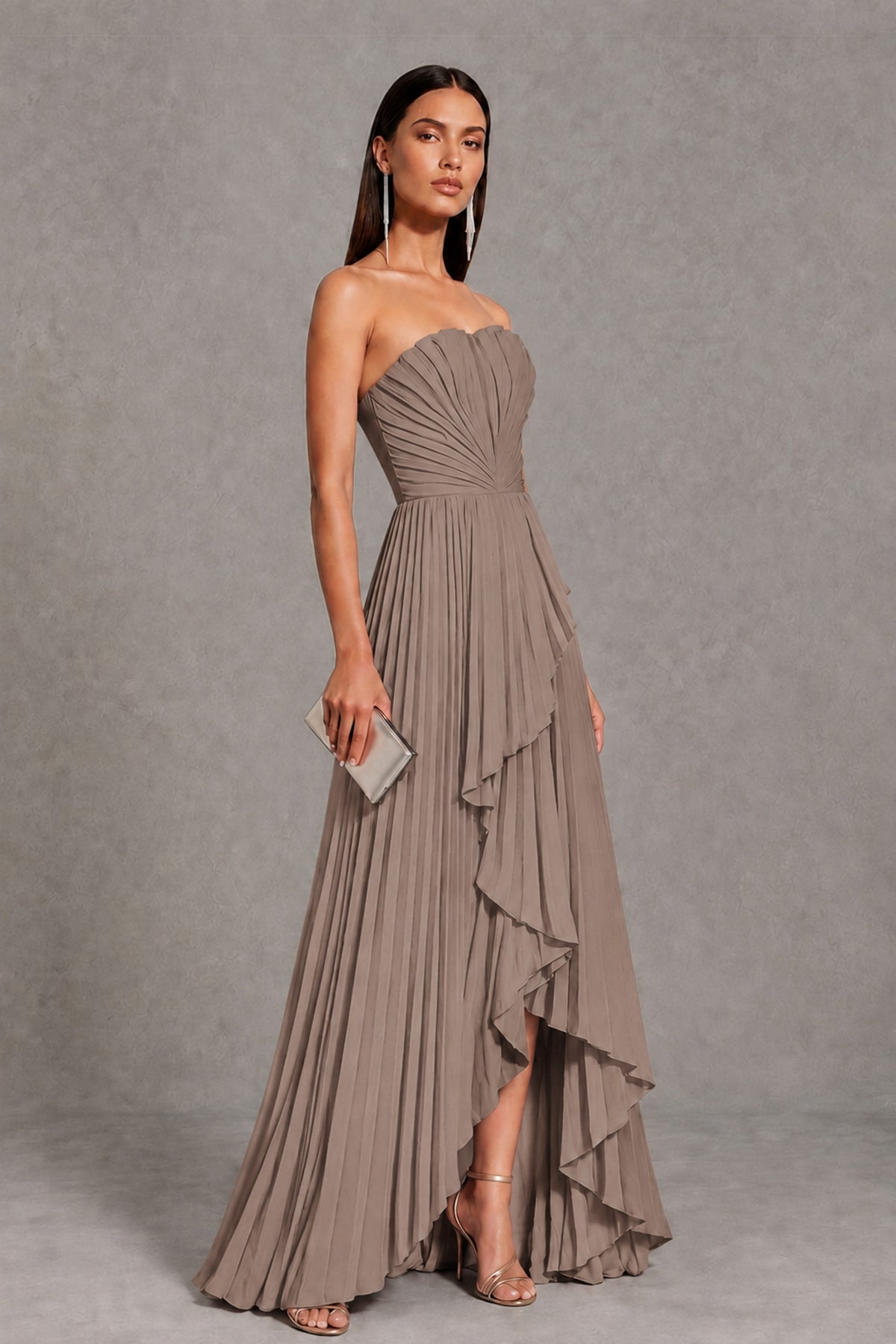 Taupe Strapless Pleated High-Low Evening Gown with Ruffle Hem - Taupe - Taupe_4