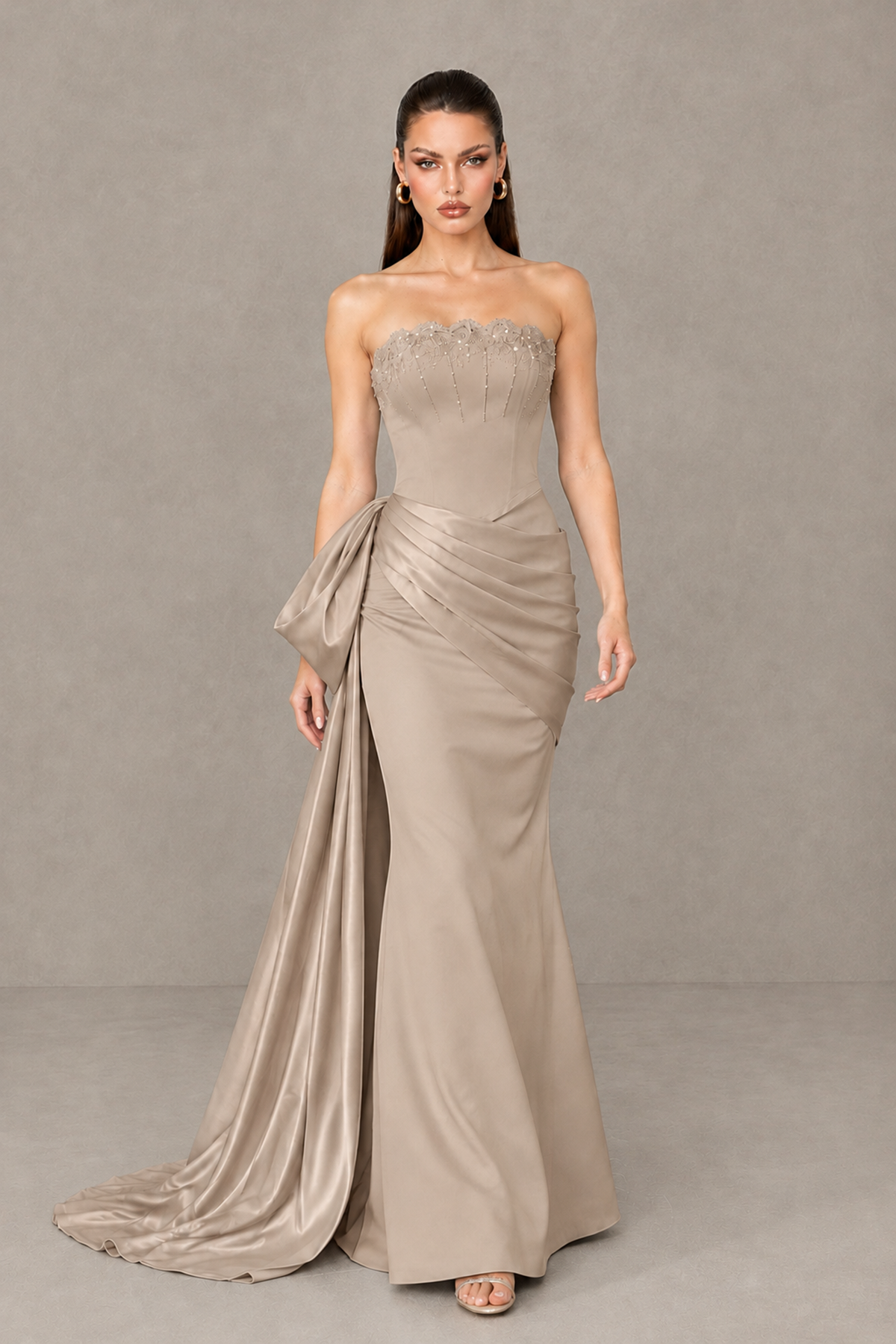 BOLODOO Taupe Strapless Satin Prom Dress with Draped Side Train - Taupe - Taupe_4