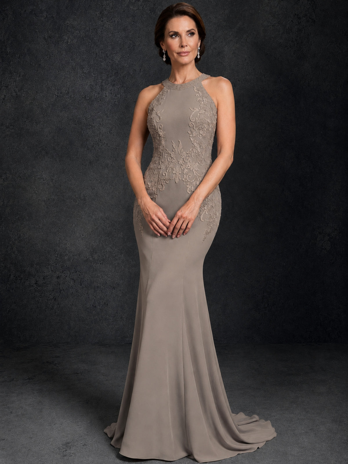 BOLODOO Taupe Lace Applique Halter Neck Sheer Back Mermaid Maxi Dress with Sweep Train - Taupe