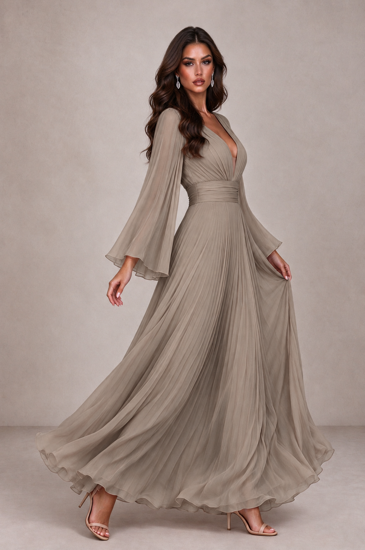 BOLODOO Taupe Pleated Deep V-Neck Long Bell Sleeve Evening Dress - Taupe - Taupe_4