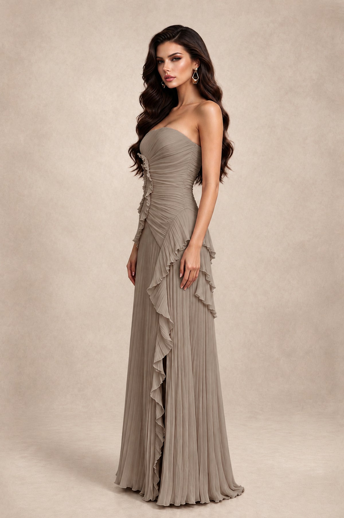 BOLODOO Taupe Strapless Ruffle Pleated Slit Evening Gown - Taupe - Taupe_4