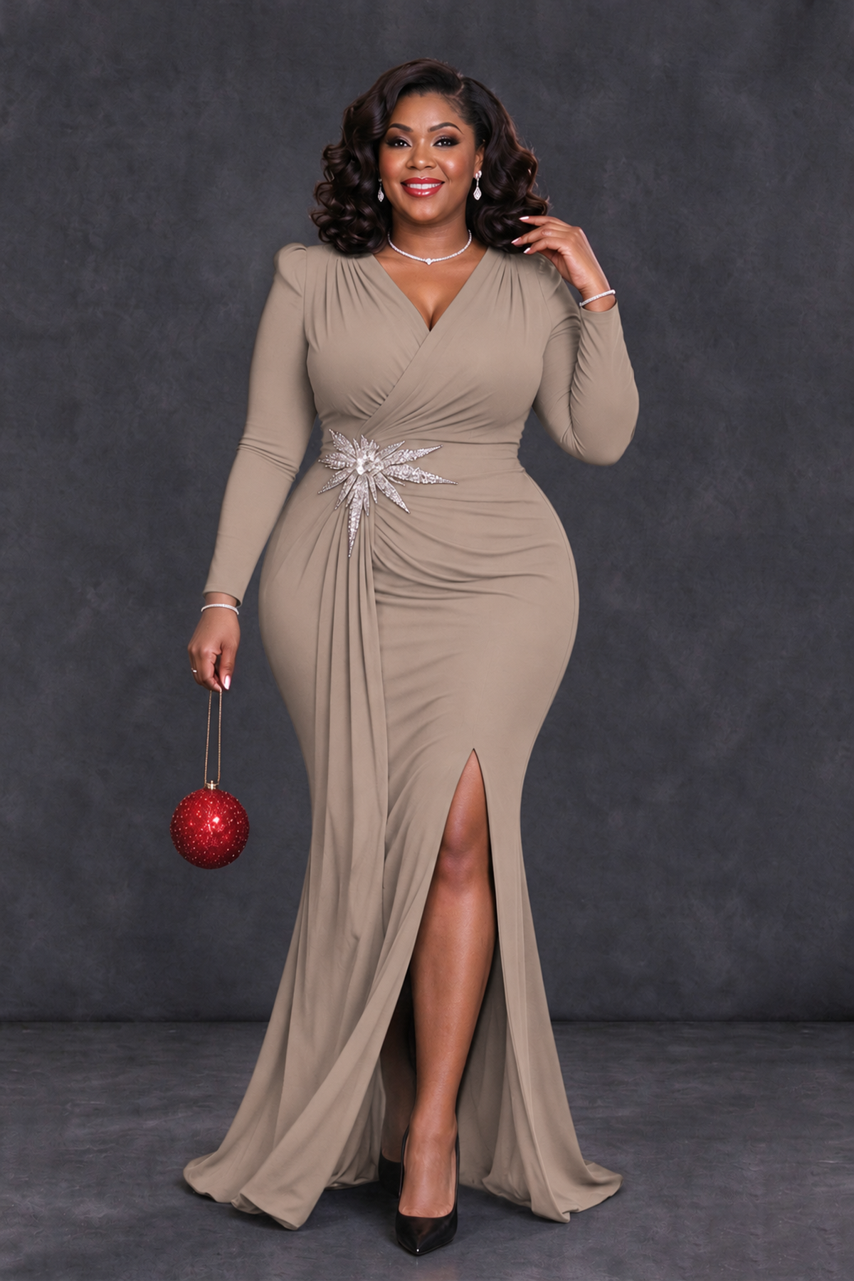 BOLODOO Taupe Plus Size Long Sleeve V-Neck Mother of the Bride Dress with Slit - Taupe - Taupe_4