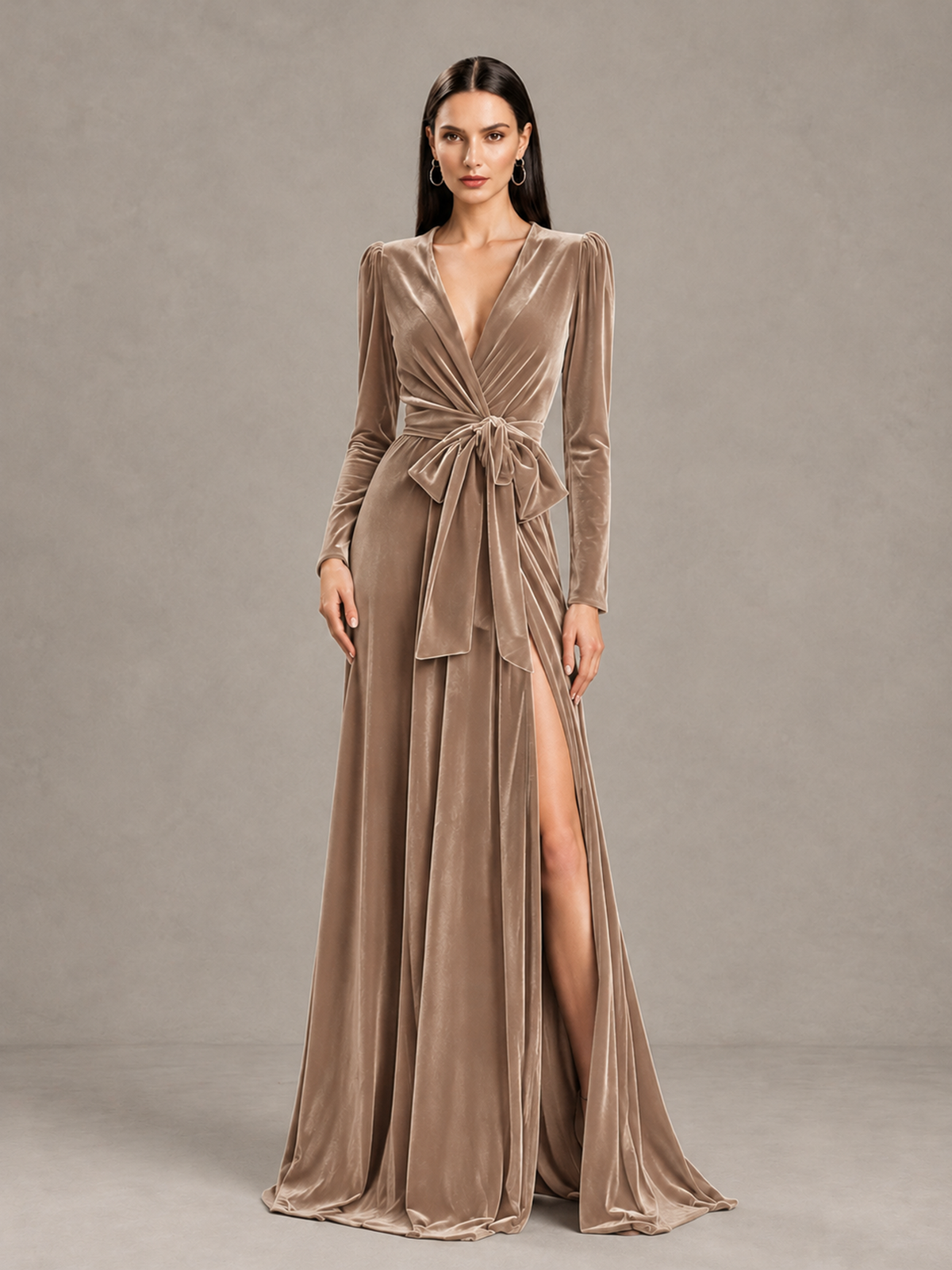 BOLODOO Taupe Long Sleeve Velvet-Look Evening Dress with High Slit - Taupe - Taupe_4