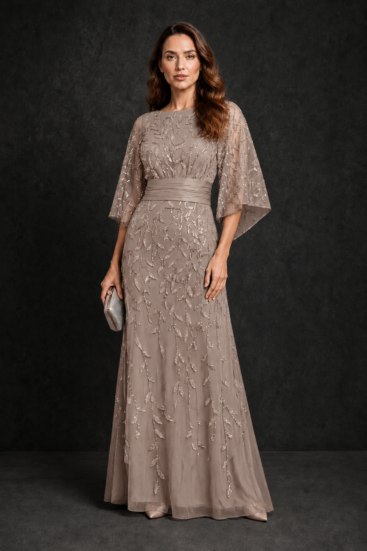 BOLODOO Taupe Bateau Neck Bell Sleeve Sequin Embroidered Satin Waist A-Line Maxi Dress - Taupe - Taupe_4