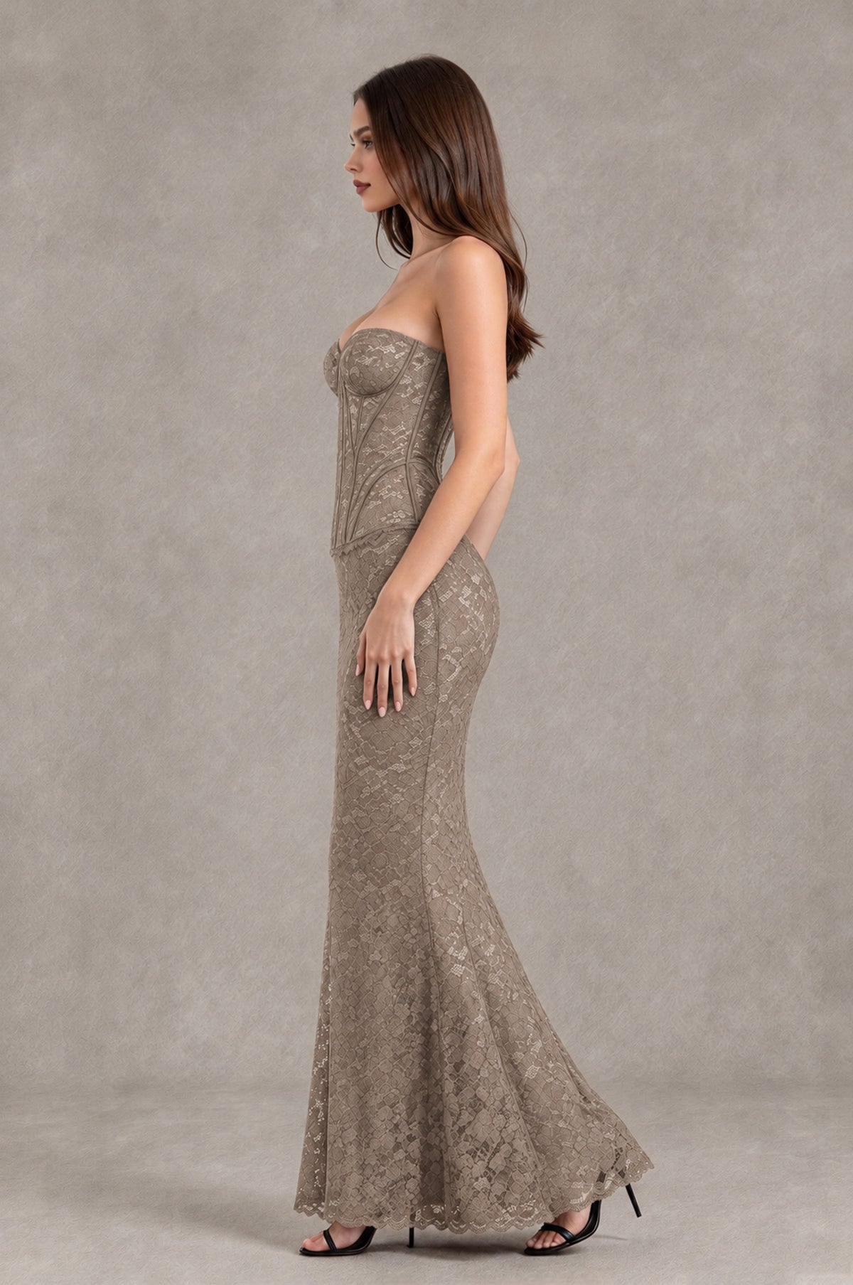 BOLODOO Taupe Strapless Lace Corset Wedding Guest Dress - Taupe - Taupe_4