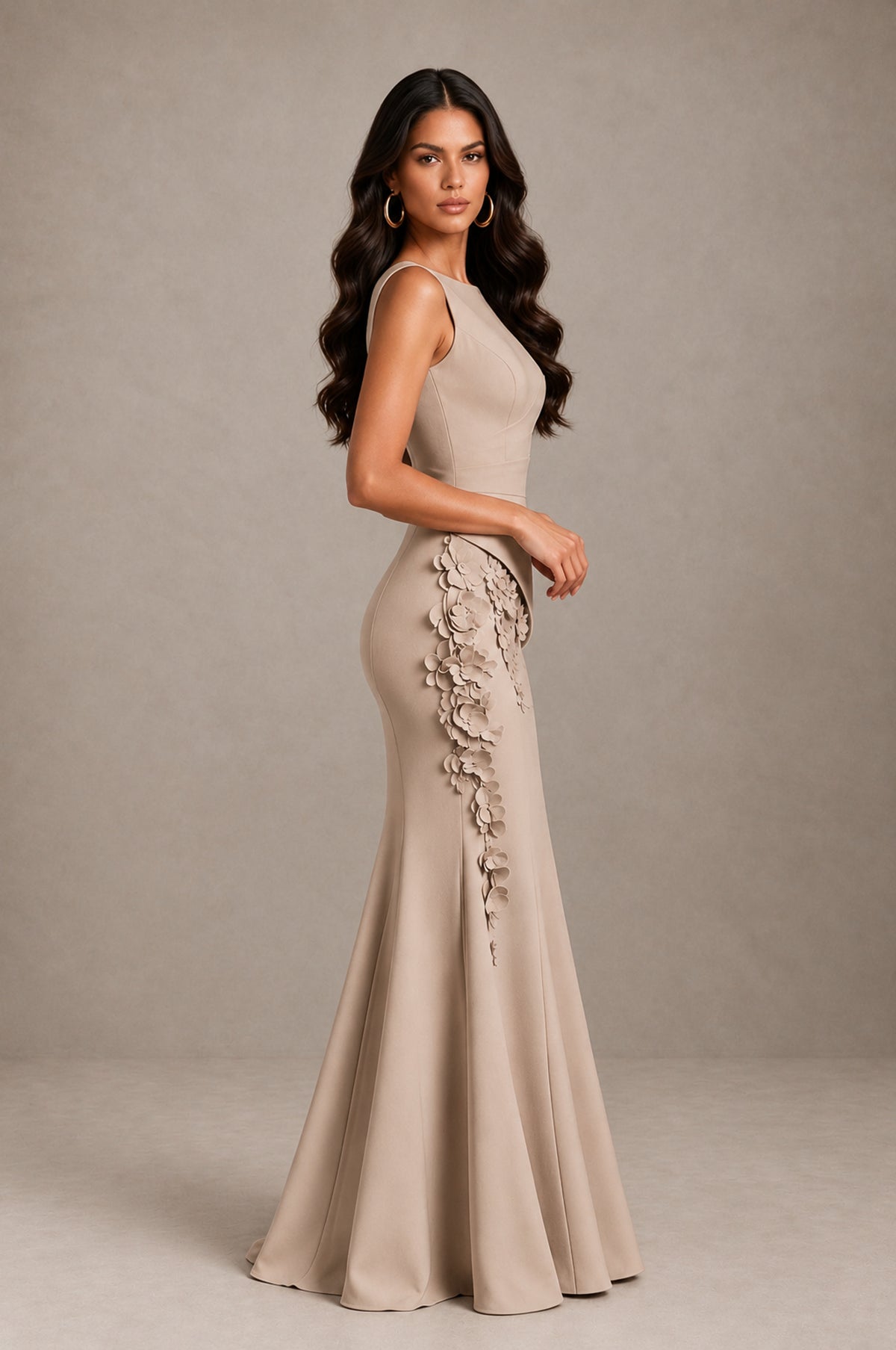 BOLODOO Taupe Bateau Neck Sleeveless Asymmetric Peplum 3D Petal Appliqué Mermaid Gown BD0421 - Taupe - Taupe_4