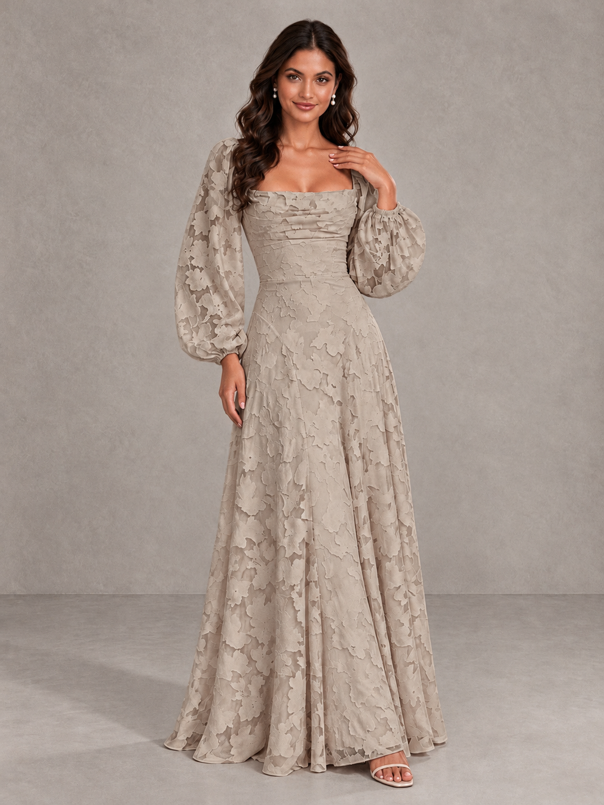 BOLODOO Taupe Floral Long Sleeve A-Line Bridesmaid Dress - Taupe - Taupe_4