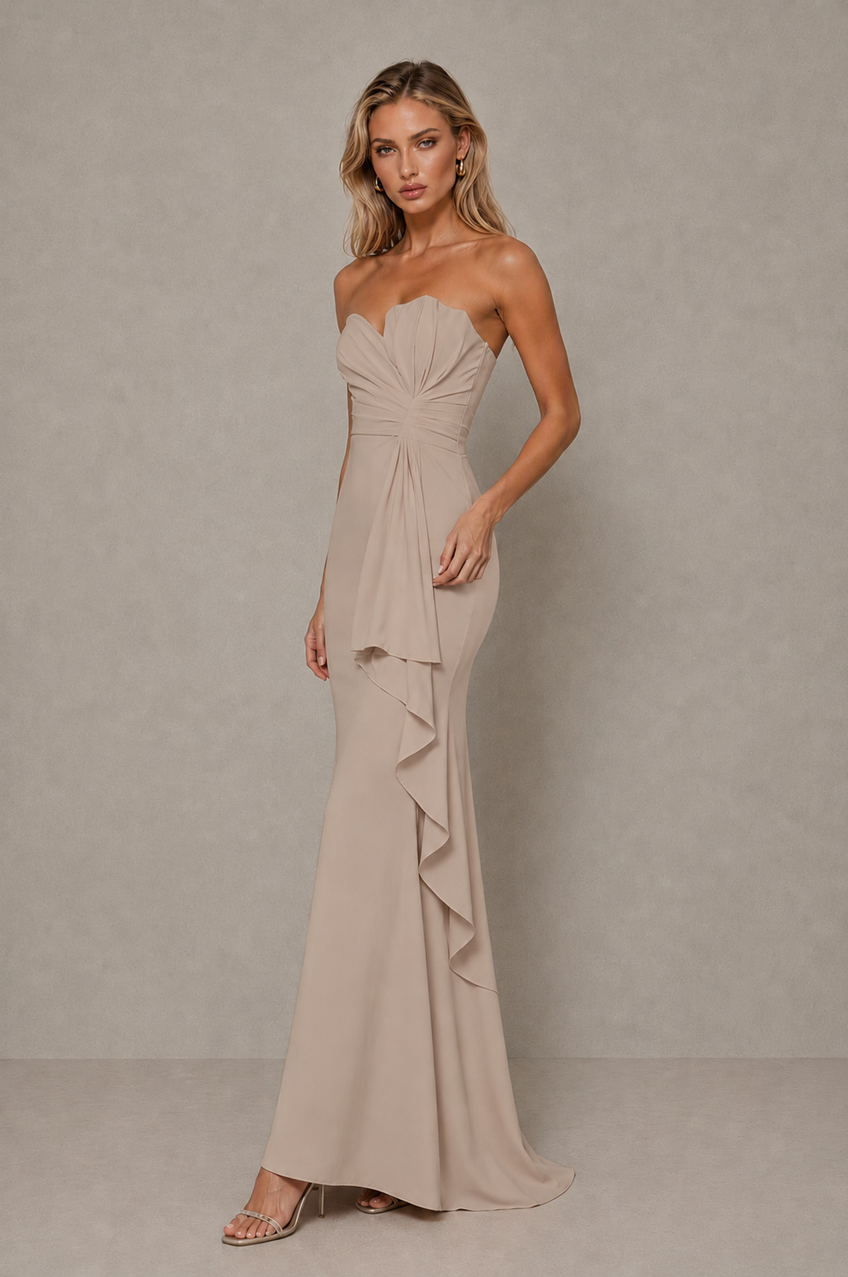 BOLODOO Taupe Strapless Sweetheart Ruched Mermaid Gown | Cascade Drape Formal Evening Dress - Taupe - Taupe_4