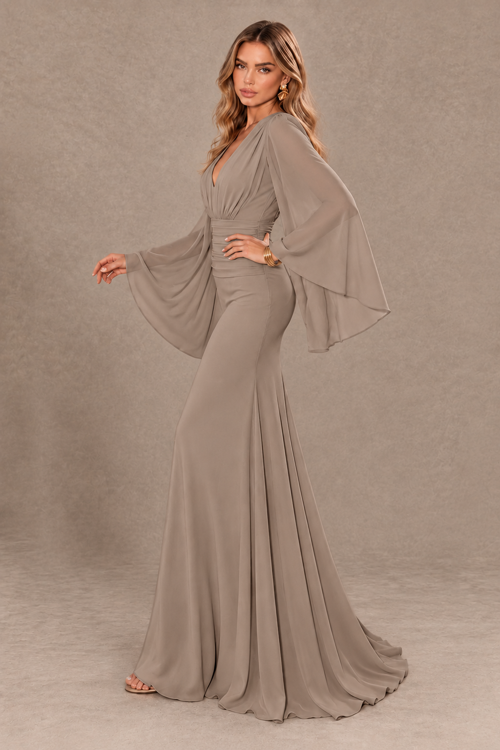 BOLODOO Taupe Cape Sleeve V-Neck Ruched Chiffon Evening Dress - Taupe - Taupe_4