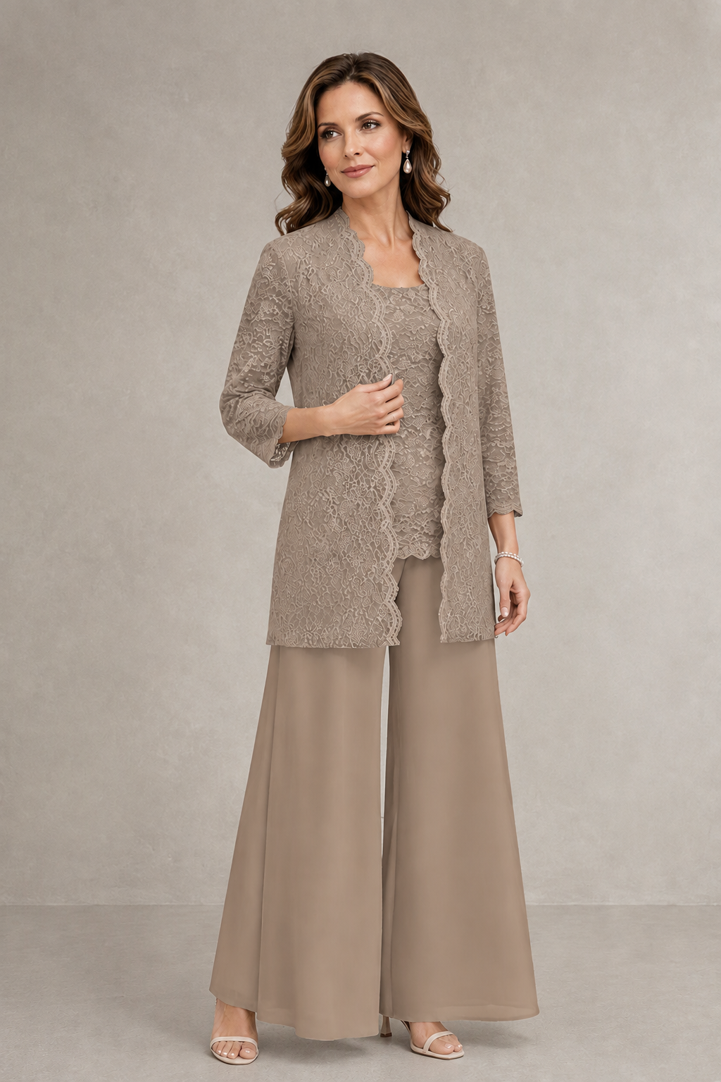 BOLODOO Taupe 3-Piece Lace Chiffon Pantsuit – Mother of the Bride Wedding Guest with Jacket - Taupe