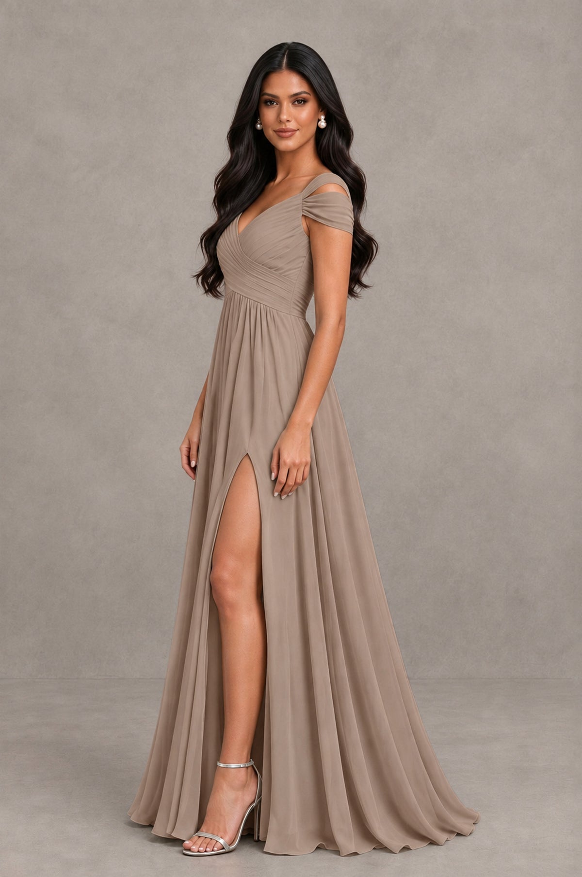 BOLODOO Taupe Cold Shoulder Chiffon Evening Dress with V Neck and High Slit - Taupe - Taupe_4
