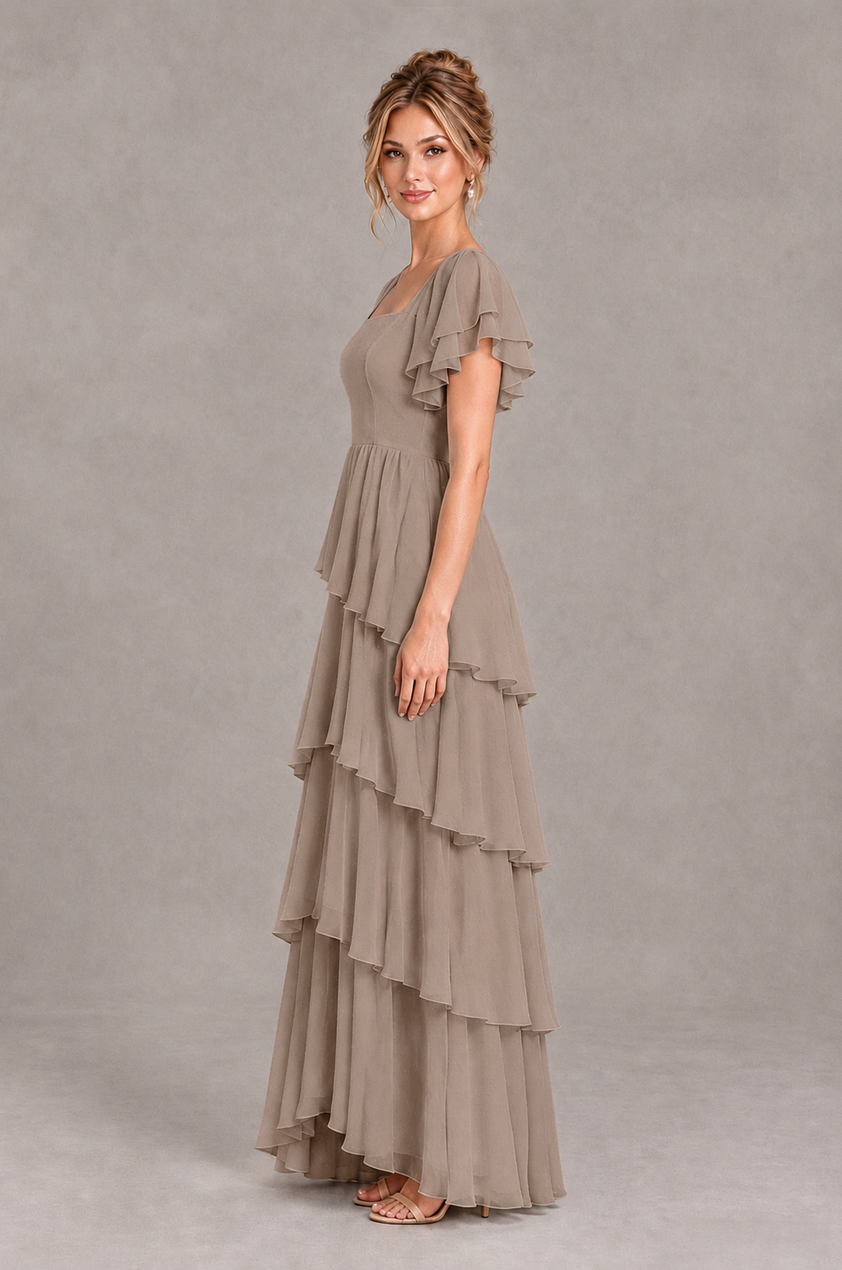 BOLODOO Taupe Square Neck Flutter Sleeve Tiered Chiffon Bridesmaid Dress with Lace-Up Back - Taupe - Taupe_4