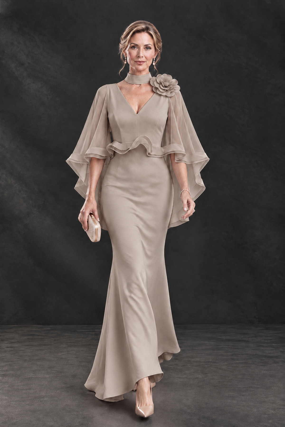 BOLODOO Taupe Floral Cape Sleeve Mother of the Bride Dress - Taupe - Taupe_4