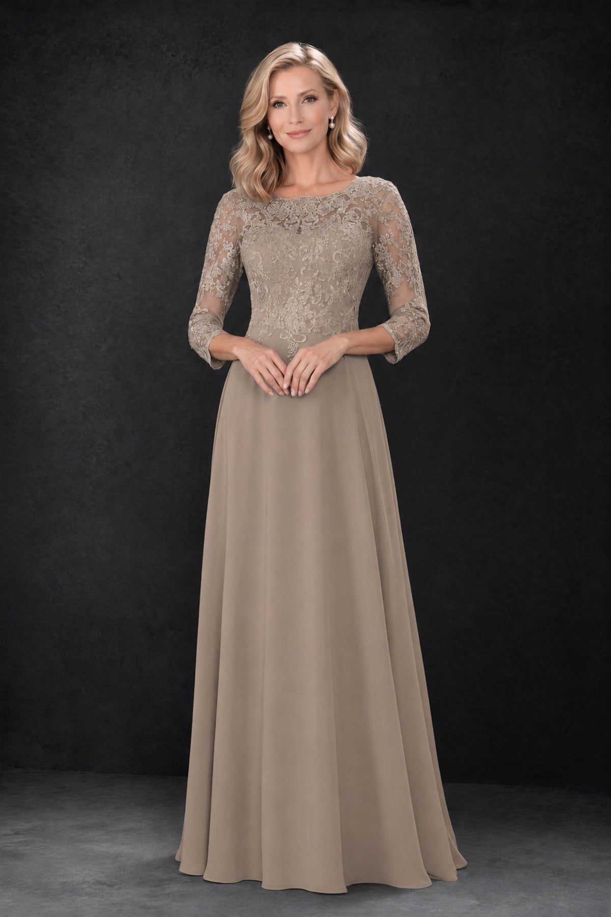 BOLODOO Taupe Lace Embroidered Mother of the Bride Dress with 3/4 Sleeves - Taupe
