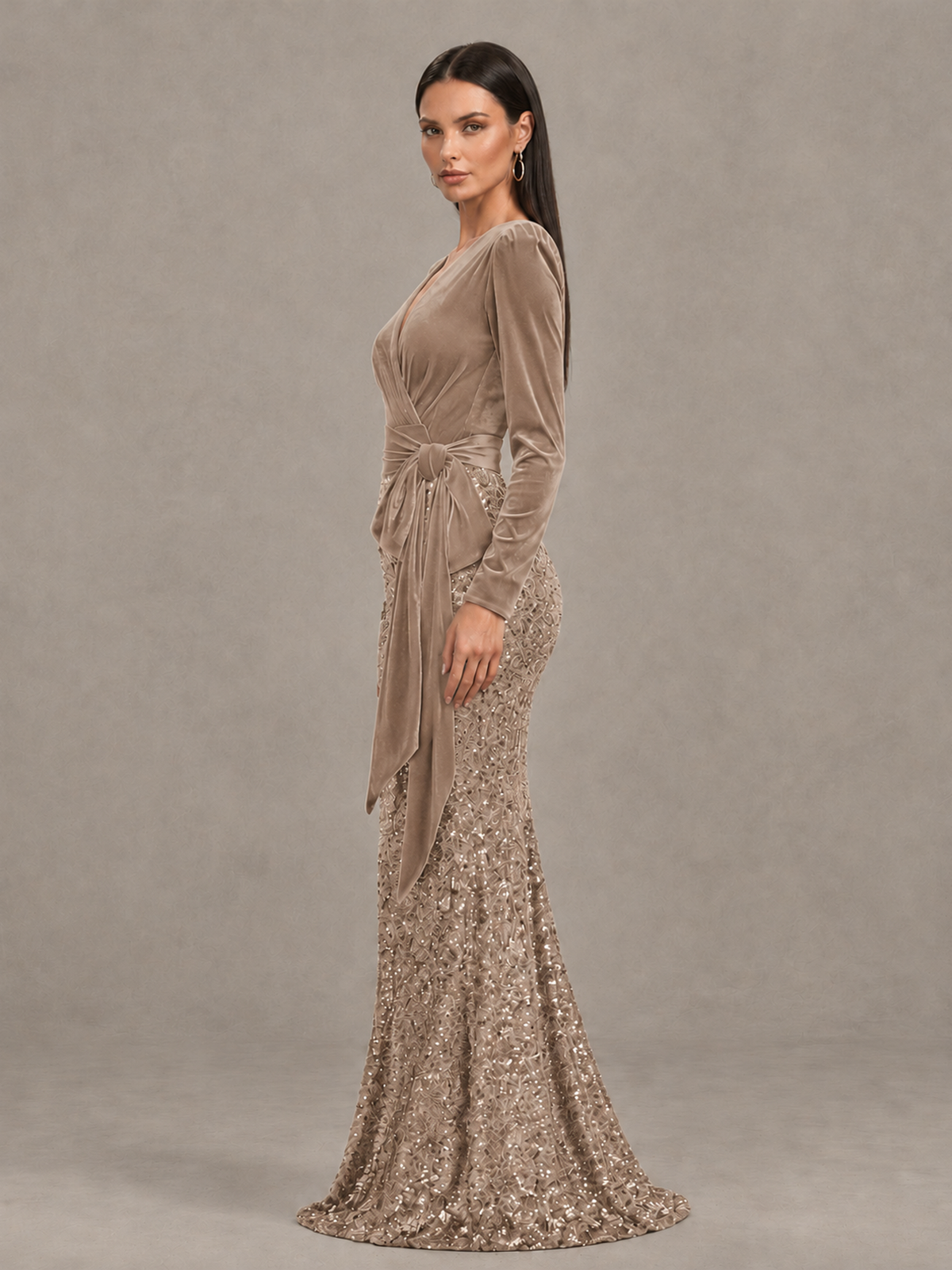 BOLODOO Taupe Velvet & Sequin Long Sleeve V-Neck Mermaid Evening Gown - Taupe - Taupe_4