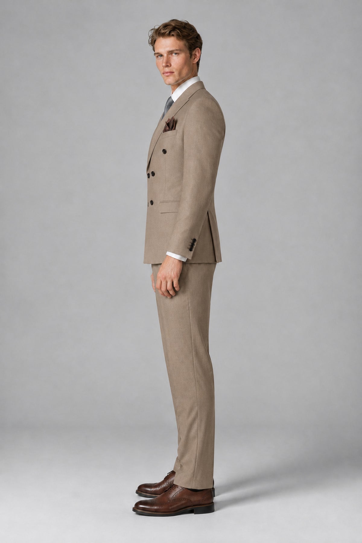 Bolodoo Men's Taupe Double-Breasted Two-Piece Suit with Peak Lapels - Taupe - Taupe_4