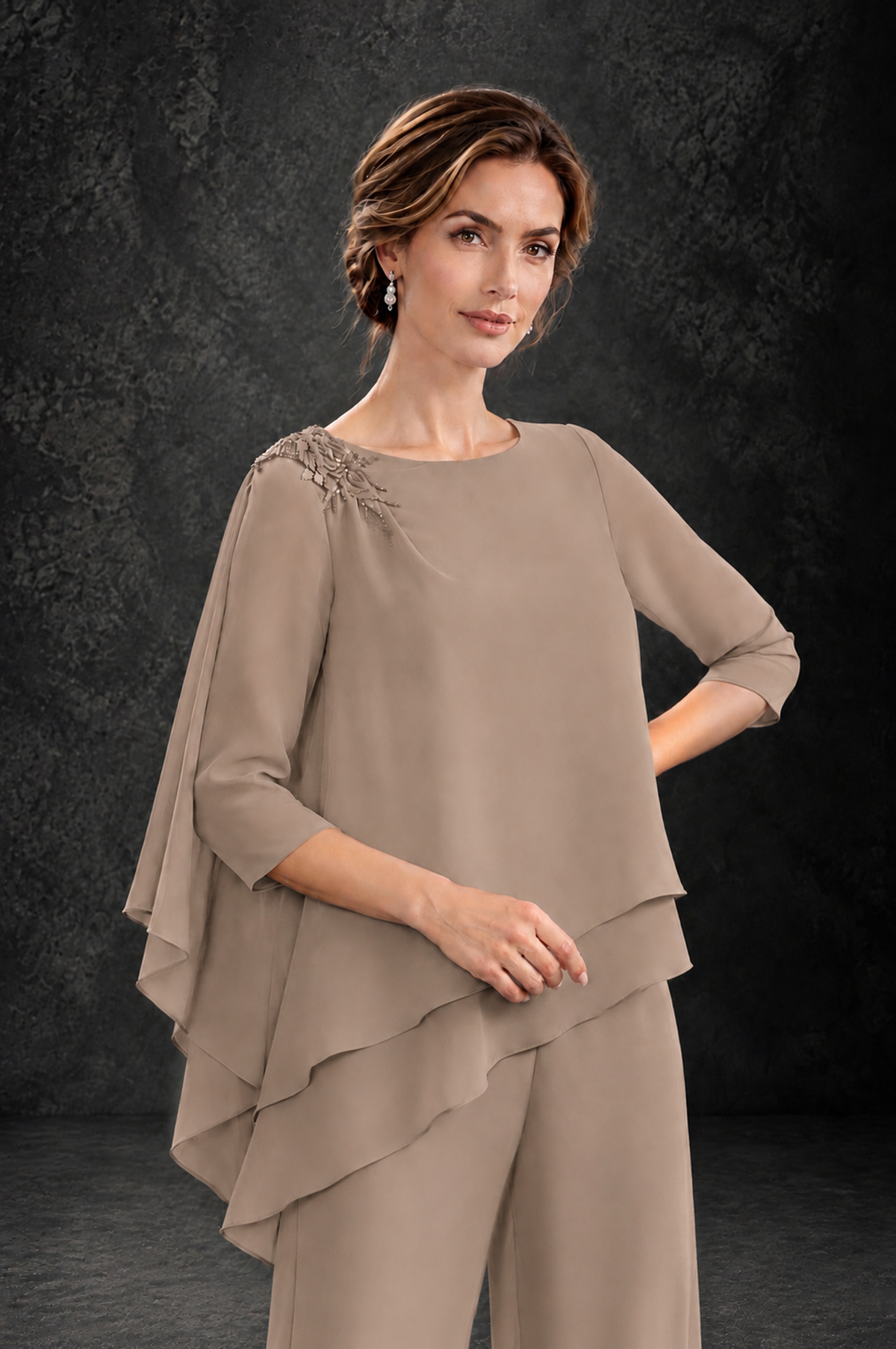 BOLODOO Taupe Layered Wide-Leg Mother of the Bride Pant Suit - Taupe - Taupe_4