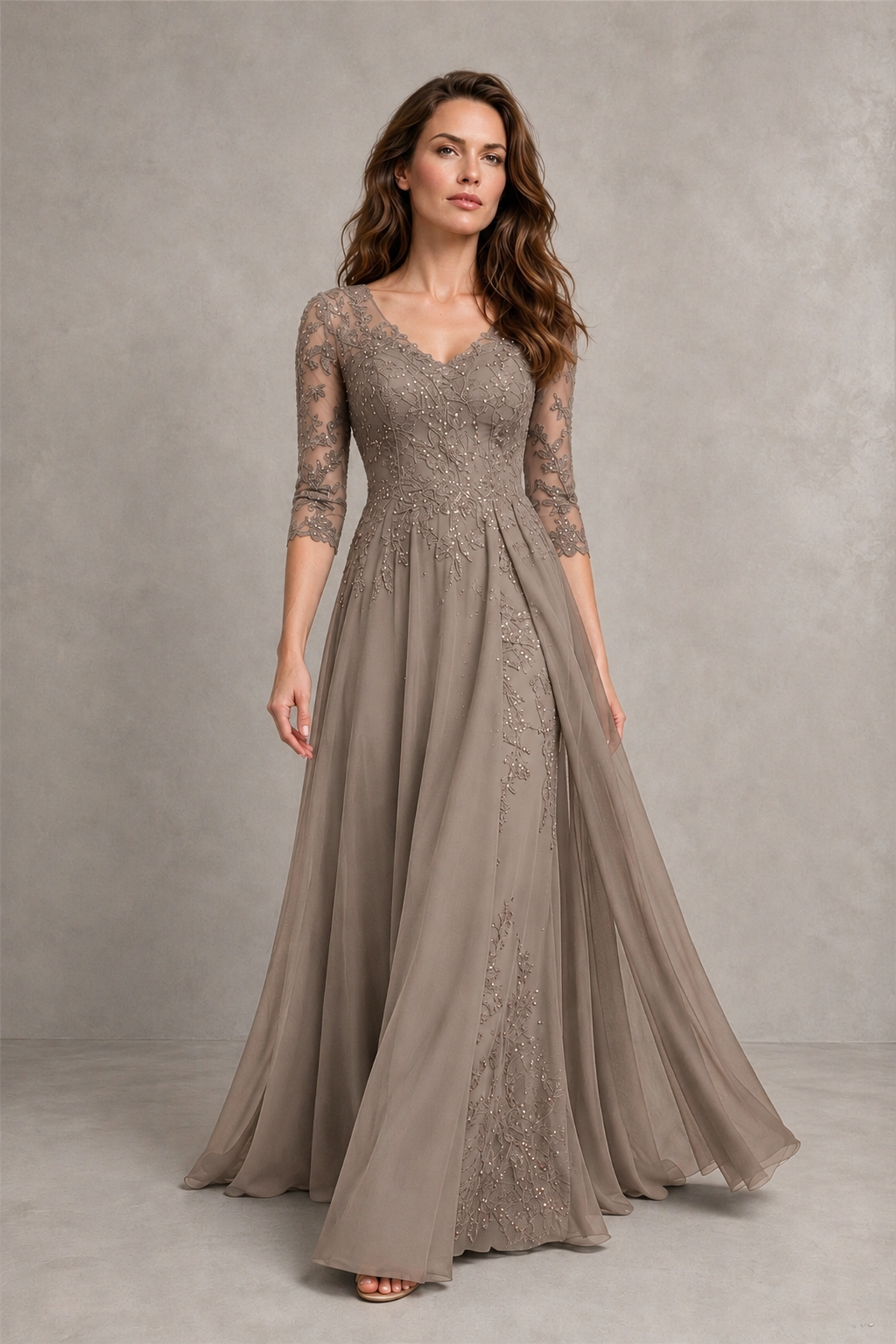 BOLODOO Midnight Taupe Beaded Lace Appliqué Chiffon A-Line Gown | Mother of the Bride & Formal Evening Dress - Taupe - Taupe_4