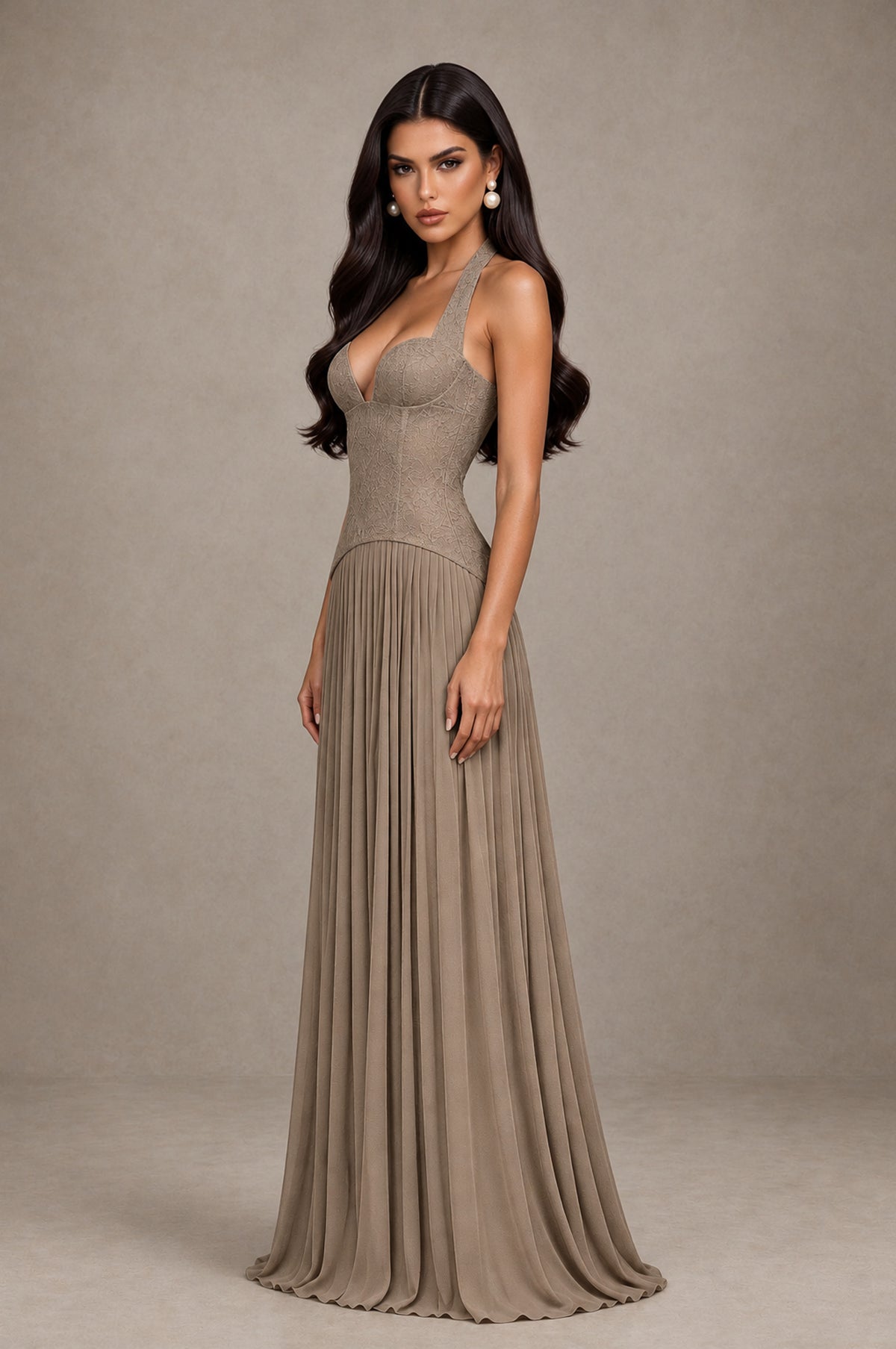 BOLODOO Taupe Halter Corset Pleated A-Line Evening Dress - Taupe - Taupe_4