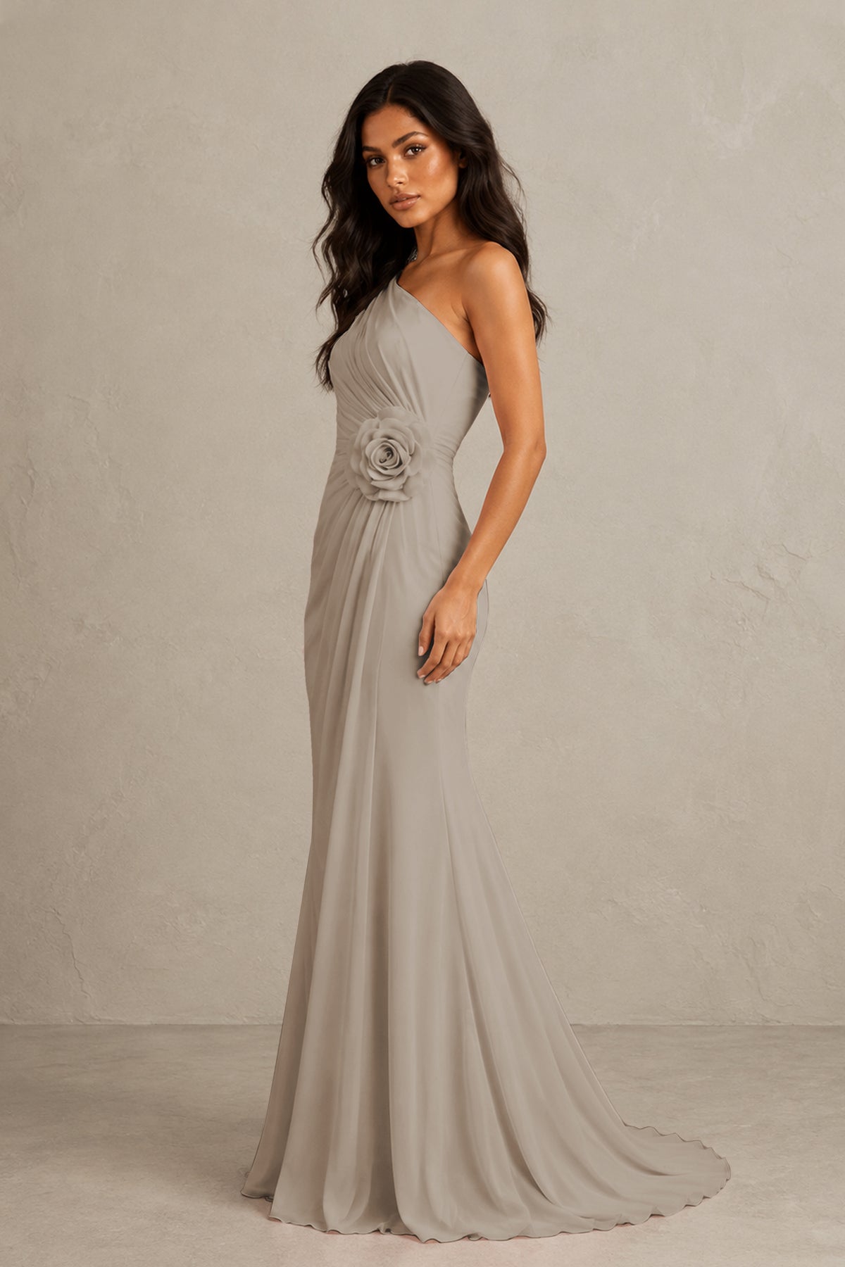 BOLODOO Taupe One-Shoulder Floral Ruched Maxi Dress - Taupe