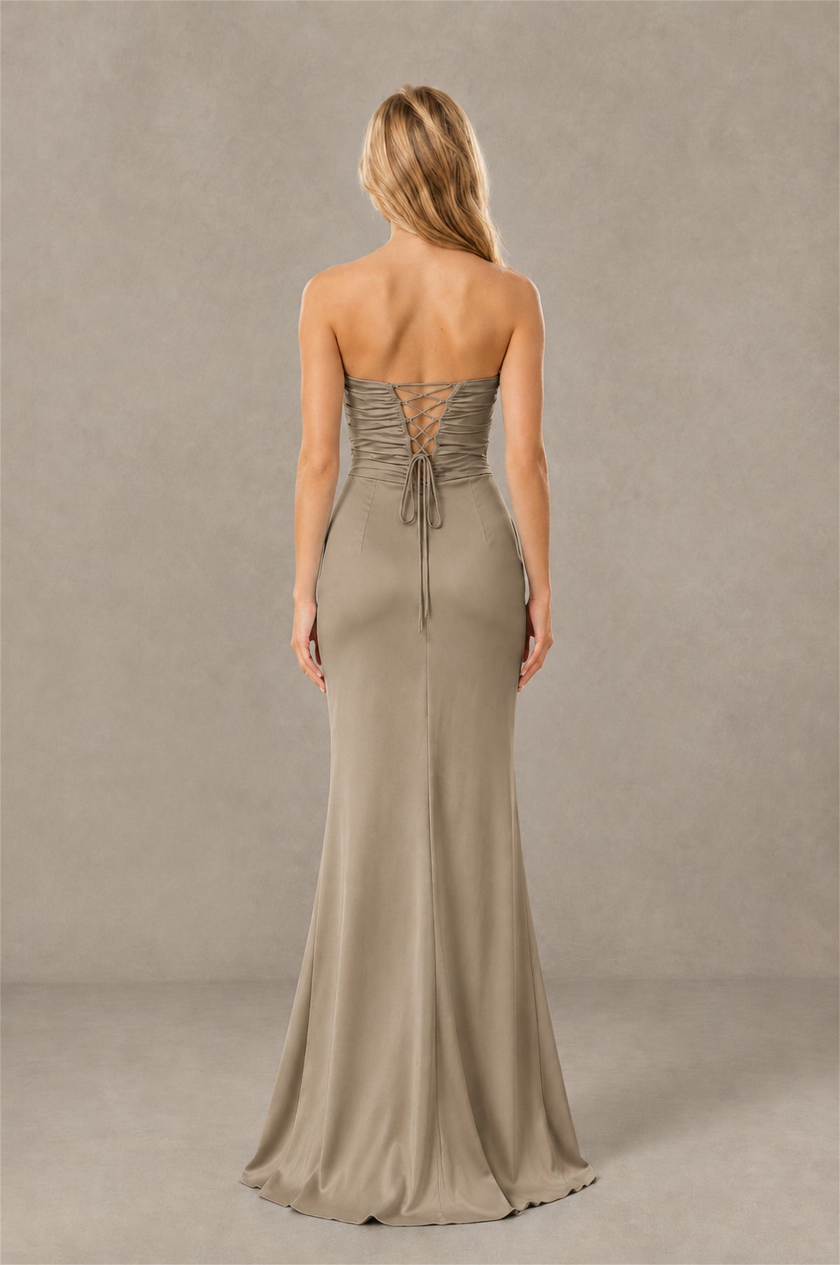 BOLODOO Taupe Sweetheart Strapless Twist Knot Cutout Lace-Up Back Satin Mermaid Maxi Dress - Taupe - Taupe(4)