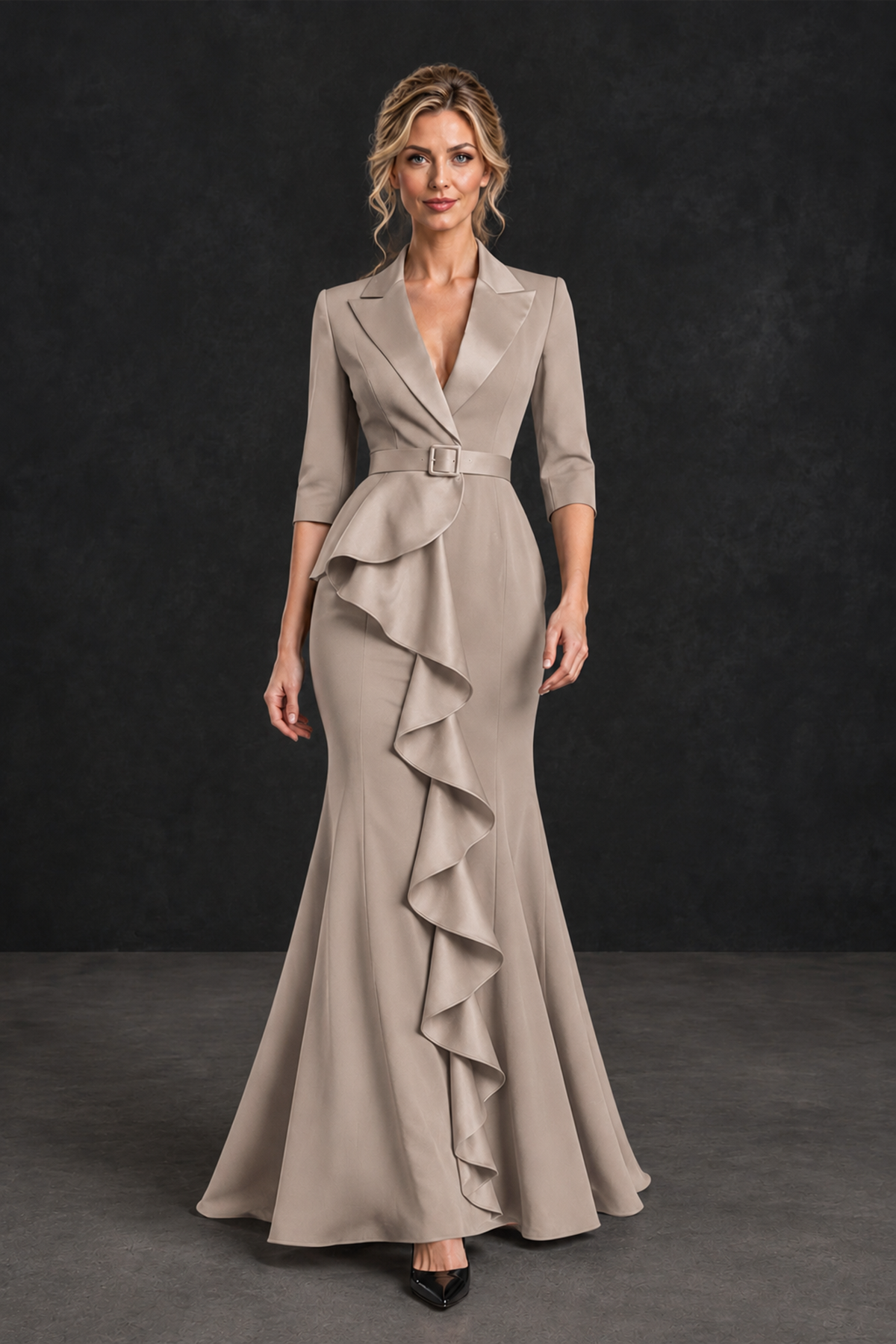 BOLODOO Taupe Lapel Ruffle Mother of the Bride Dress with Belt - Taupe - Taupe_4