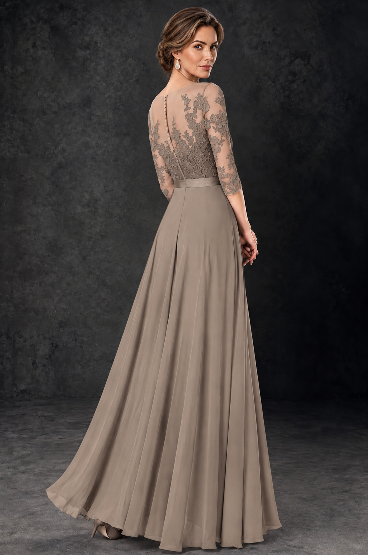 BOLODOO Taupe Lace Wide-Leg Jumpsuit with Three-Quarter Sleeves - Taupe - Taupe_4