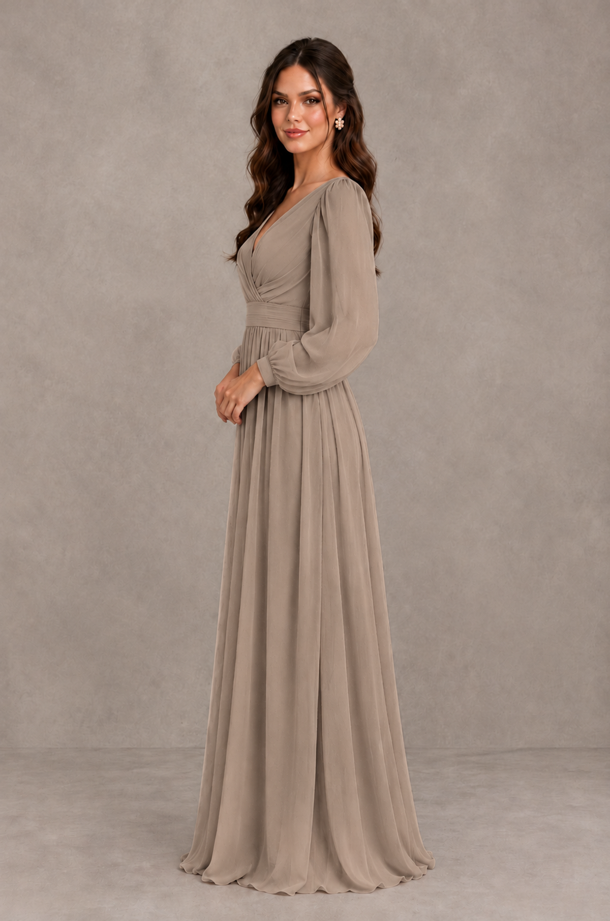 BOLODOO Taupe Long Sleeve V-Neck A-Line Bridesmaid Dress - Taupe - Taupe_4
